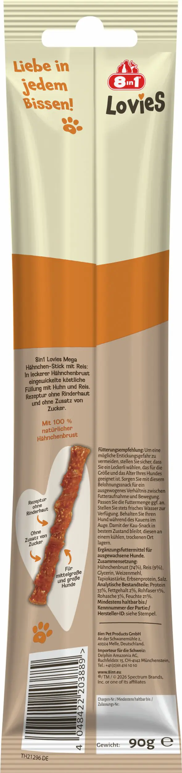 8in1 Hundeleckerli Lovies 90 g Hühnchen-Reis-Stick 