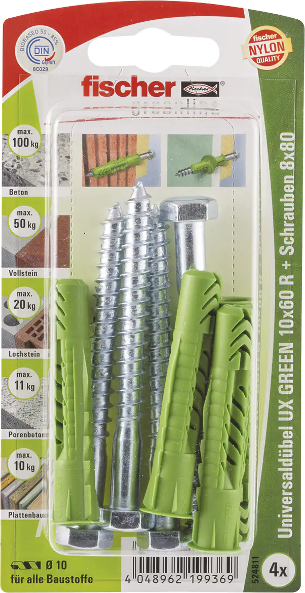 Fischer Universaldübel UX green Fischer Universaldübel-Set UX green 10.0 x 60 mm - 4 Stück