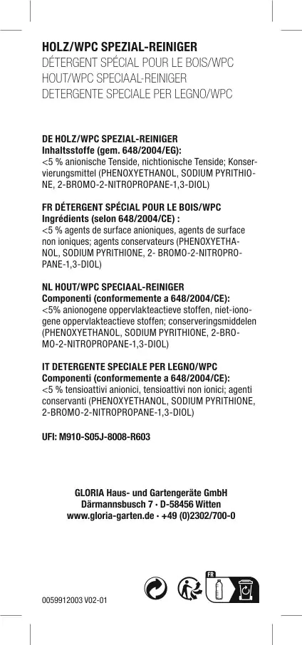 Gloria Holz und WPC Spezial-Reiniger Reinigungsmittel für Holzterrasse 1 L