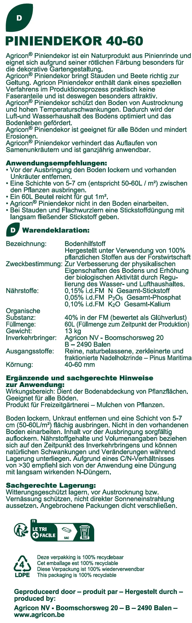 Agricon Pinienrinde Excellent 40 - 60 mm Körnung 60 L Agricon Pinienrinde Excellent 40 - 60 mm Körnung 60 L