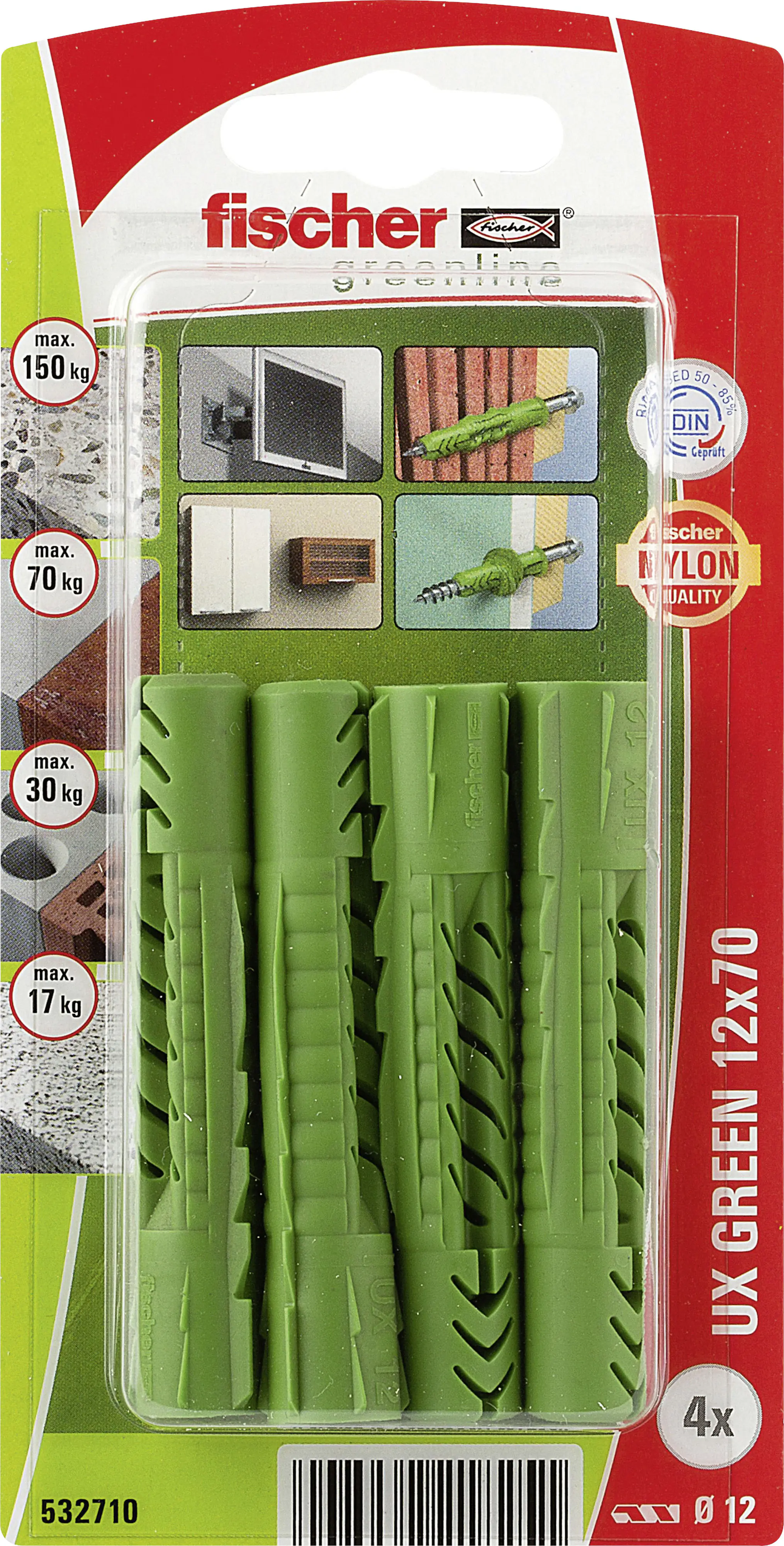 Fischer Universaldübel UX Green S 12 x 70 mm mit Schraube - 4 Stück
