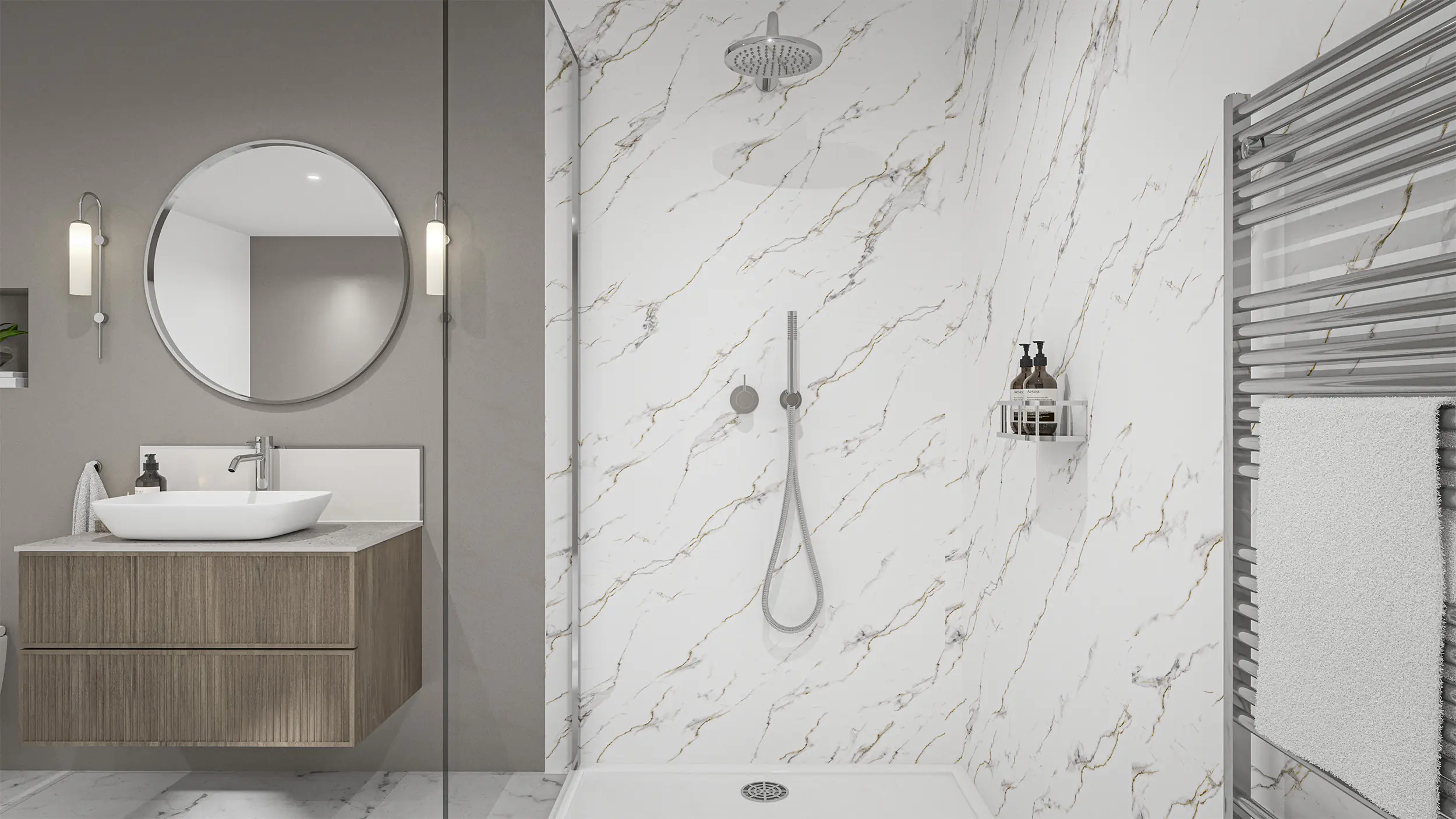 Wetwall Elite Wandpaneel  Bianco Carrara 16 x 242 cm mit abgerundeter Abschlusskante