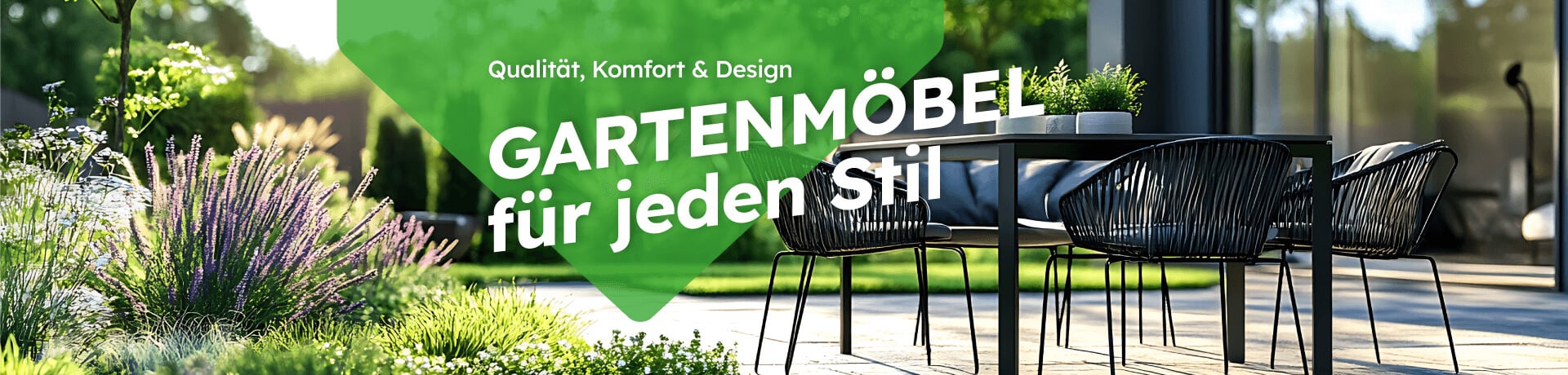 Gartenmöbel für jeden Stil mit dem Text Qualität Komfort und Design moderne Sitzgruppe auf einer sonnigen Terrasse im Garten