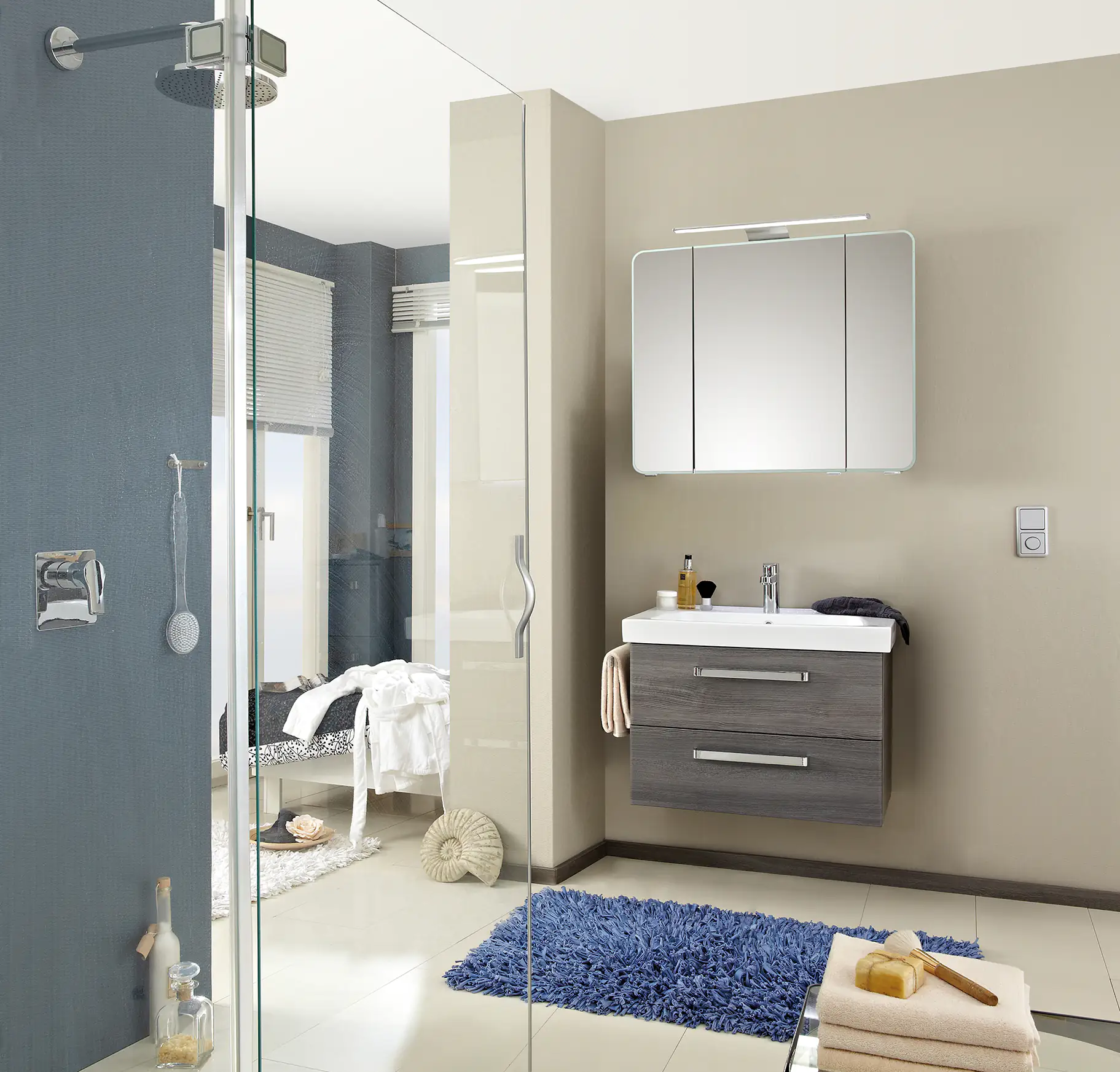 Pelipal Badmöbel-Set Pineo Sangallo Grau mit Keramik-Waschtisch + LED-Aufsatzleuchte 85 cm