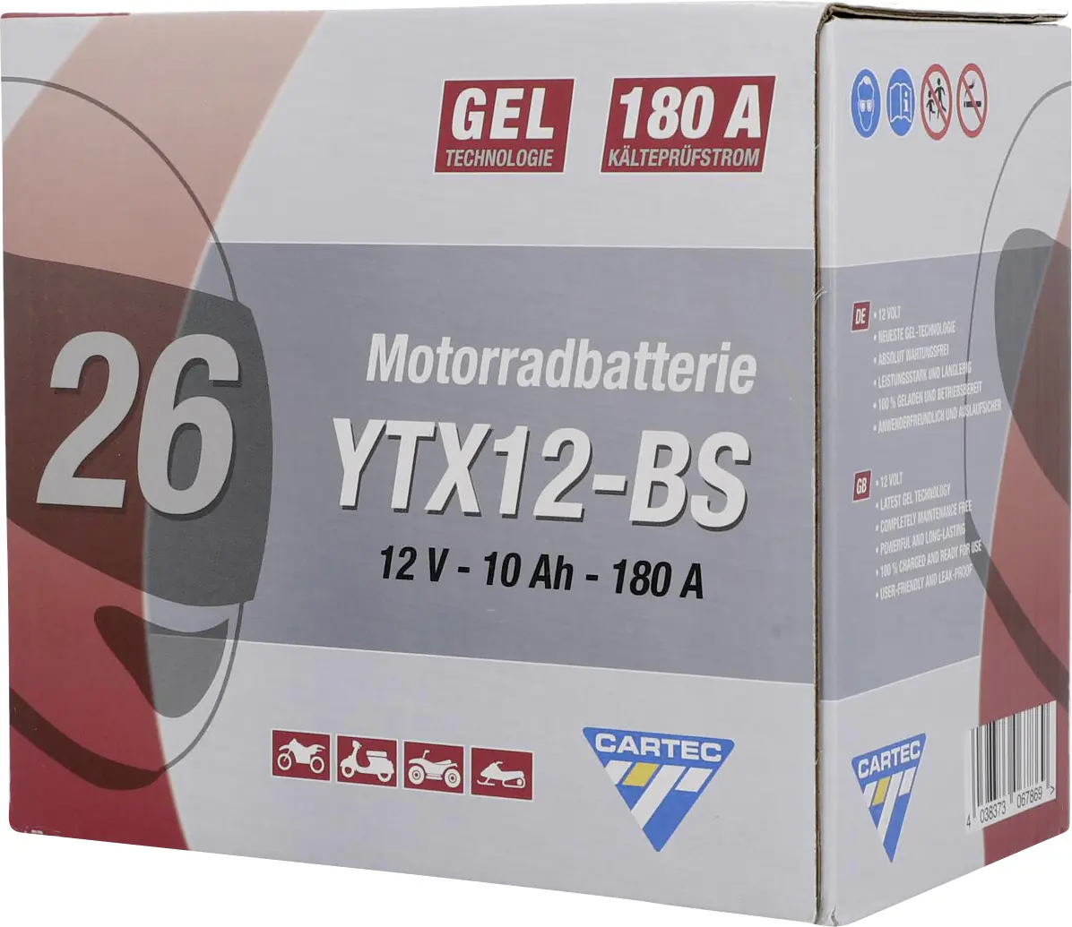 Cartec Gel Motorradbatterie YTX12-BS 12Ah 240A