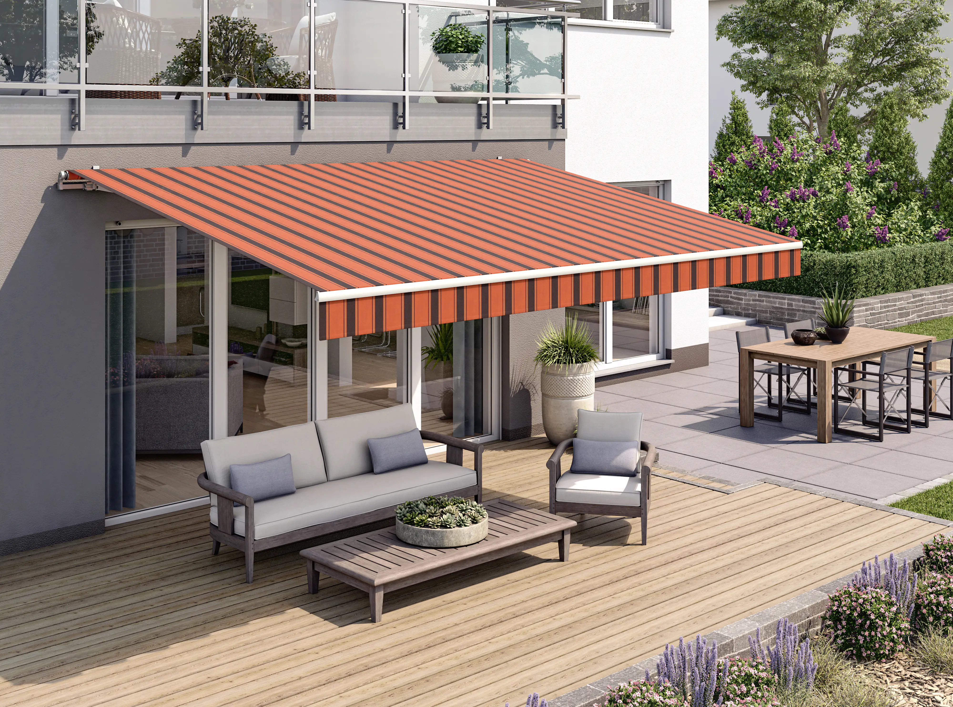 Gelenkarmmarkise Classic orange-braun gestreift inkl. Motor, Handsender, Solar Panel Gelenkarmmarkise Classic orange-braun gestreift inkl. Motor, Handsender, Solar Panel