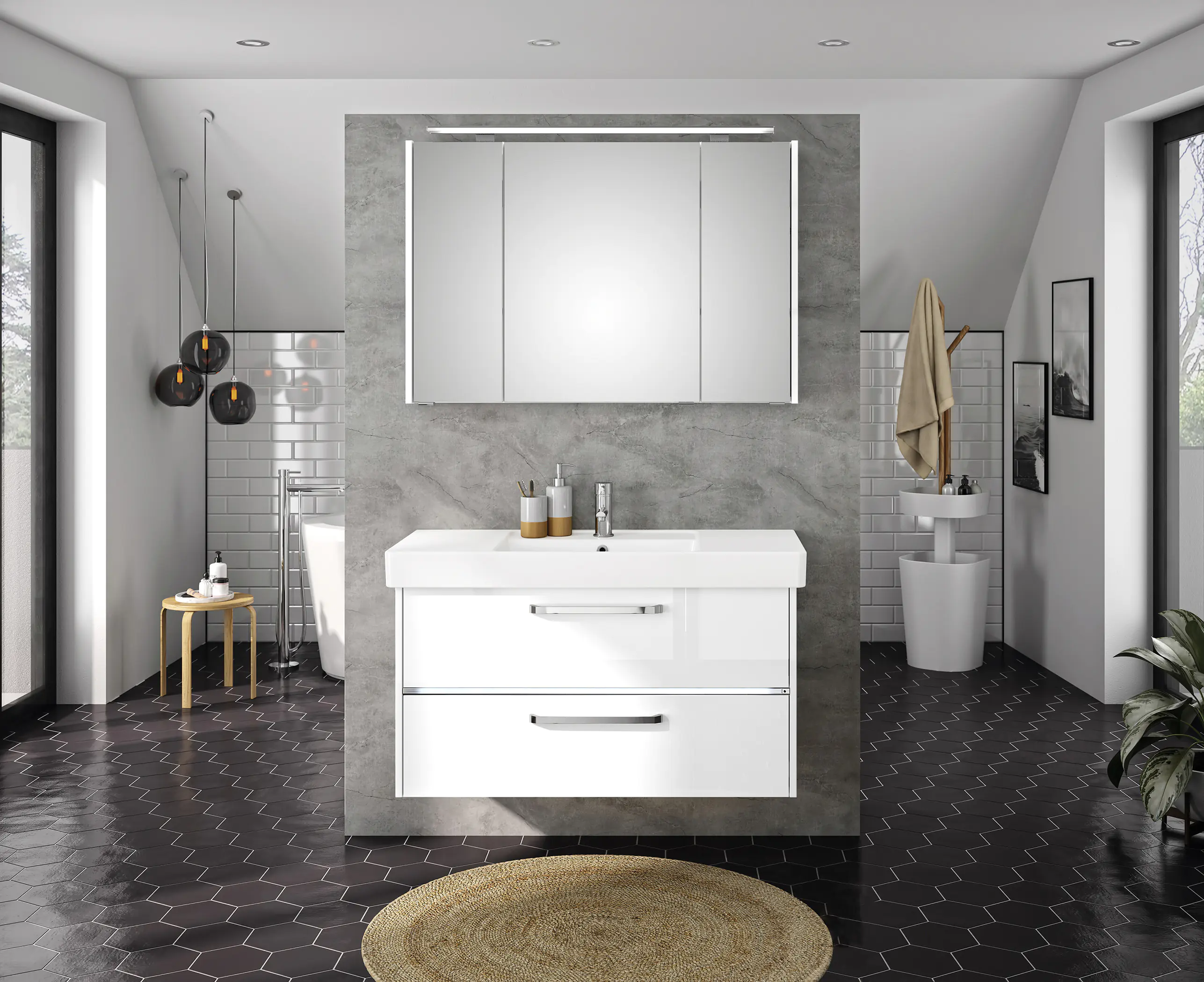 Primaster Badmöbel-Set Berlin weiß 105 cm LED-Leuchten, Keramikwaschtisch