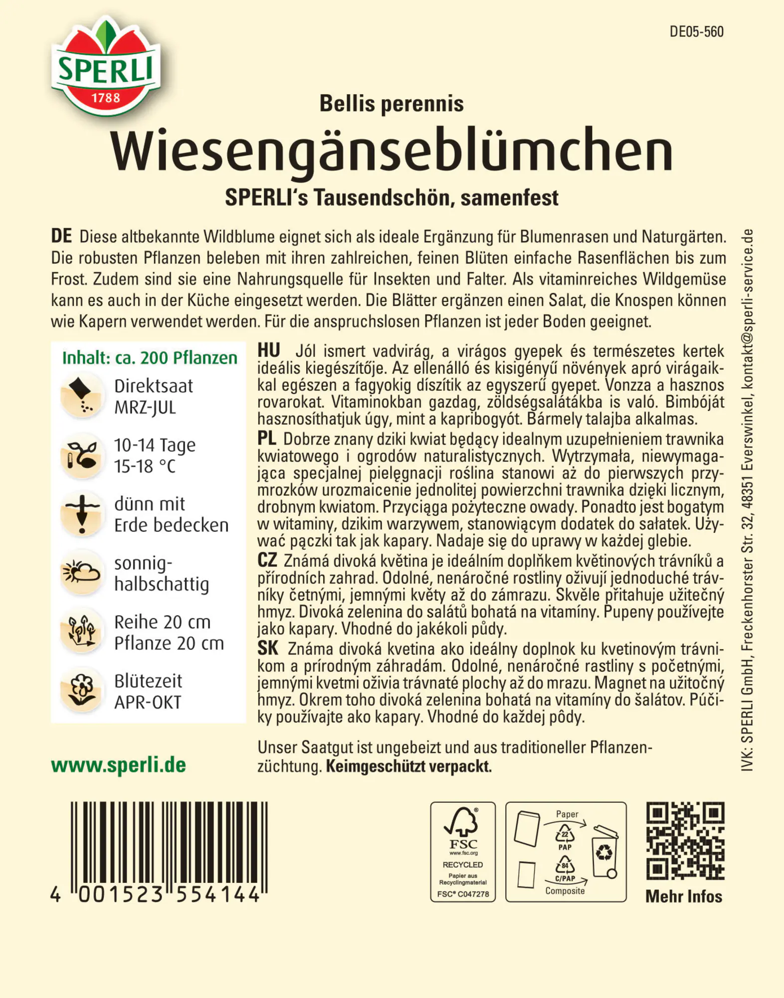 Sperli Saatgut Wiesengänseblümchen Tausendschön für ca. 1-2 m²