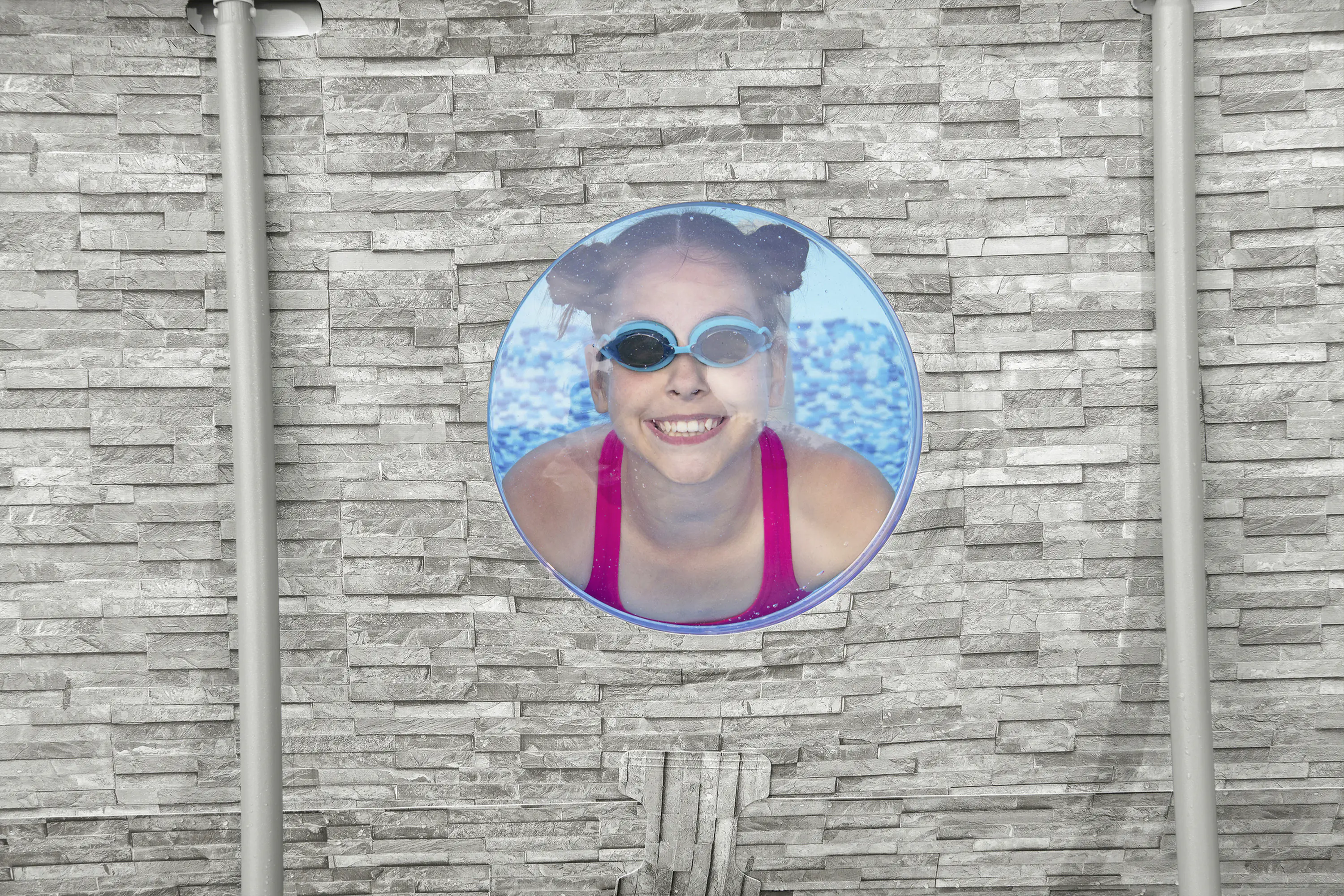 Bestway Steel Pro Max Splashview Frame Pool Komplett-Set oval 427 x 250 x 100 cm cremegraue Steinwand-Optik 