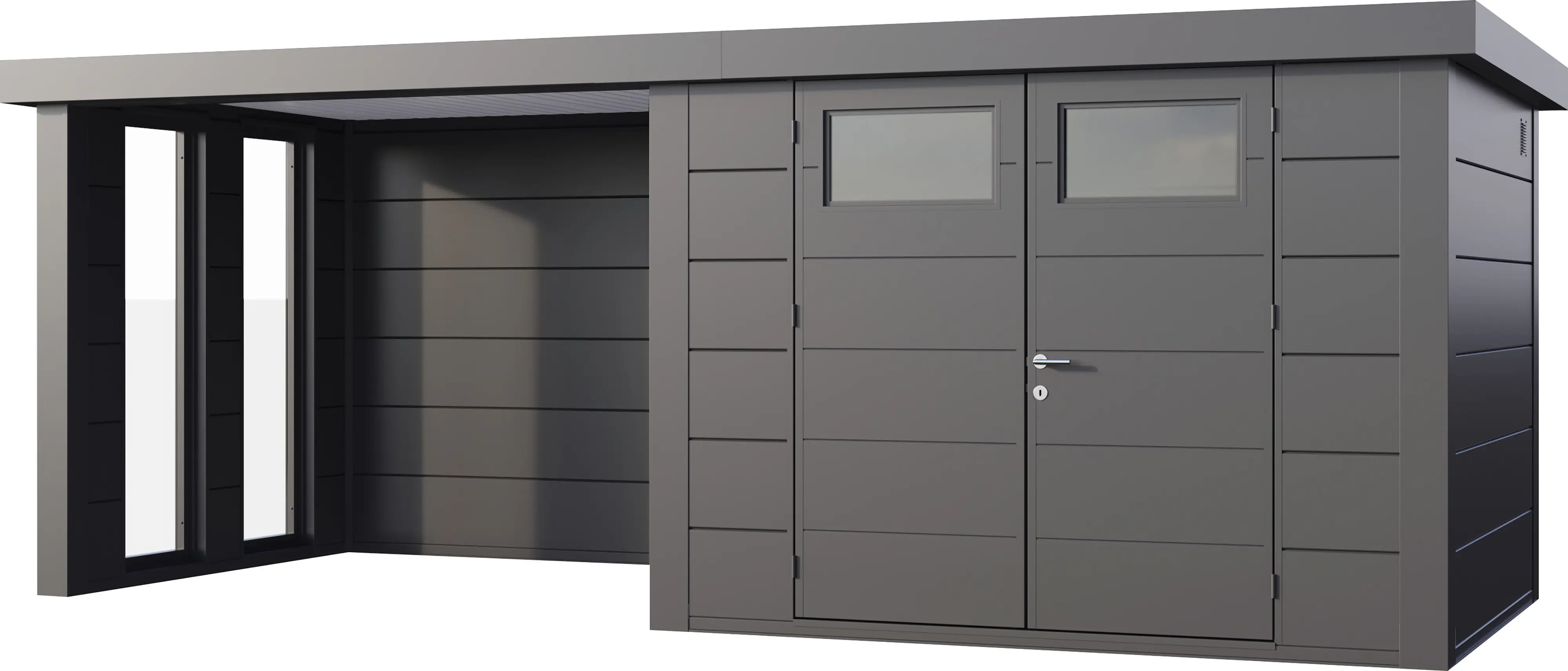 Telluria Gerätehaus Classico Lounge S mit Fenstern 3024 links granitgrau 582 x 238 cm
