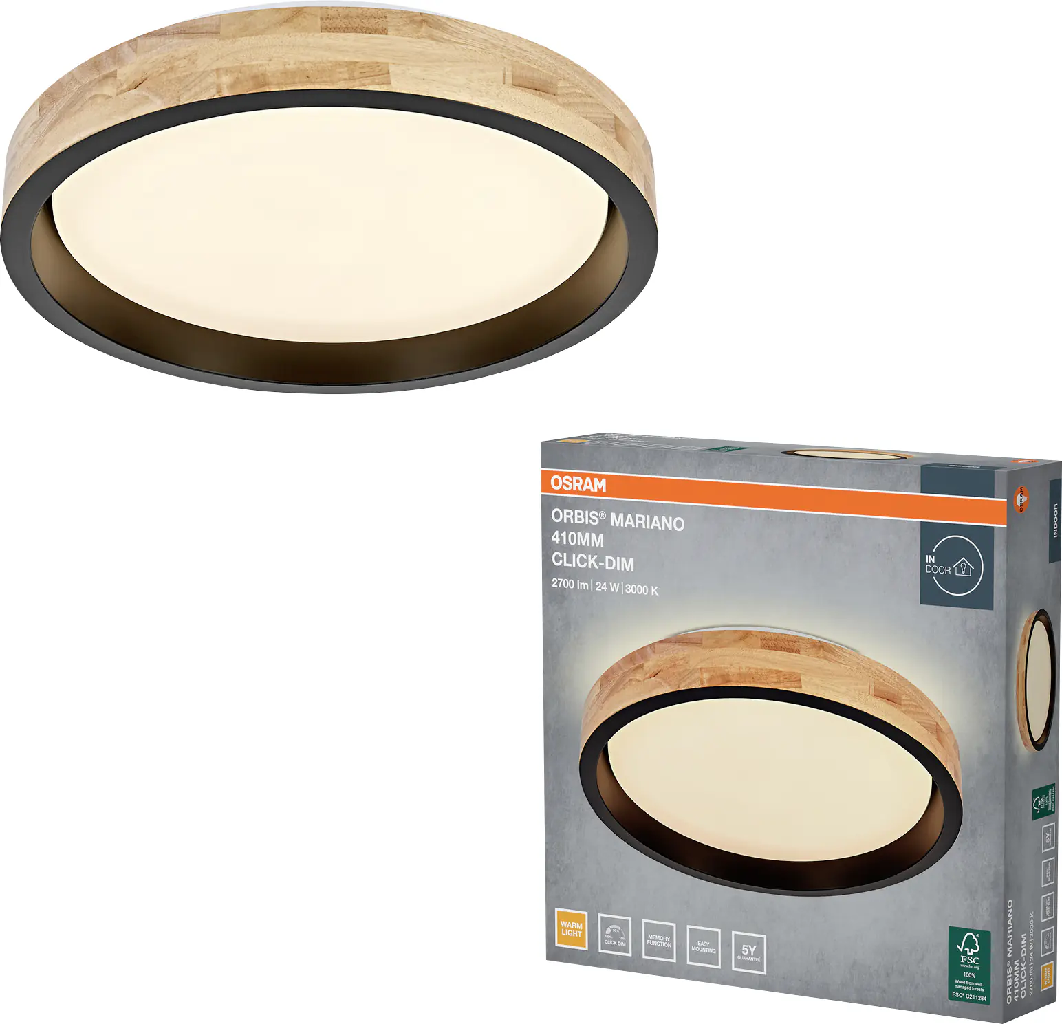 Osram LED-Deckenleuchte Orbis Mariano Ø 41 cm 24 W Holzdekor schwarz dimmbar