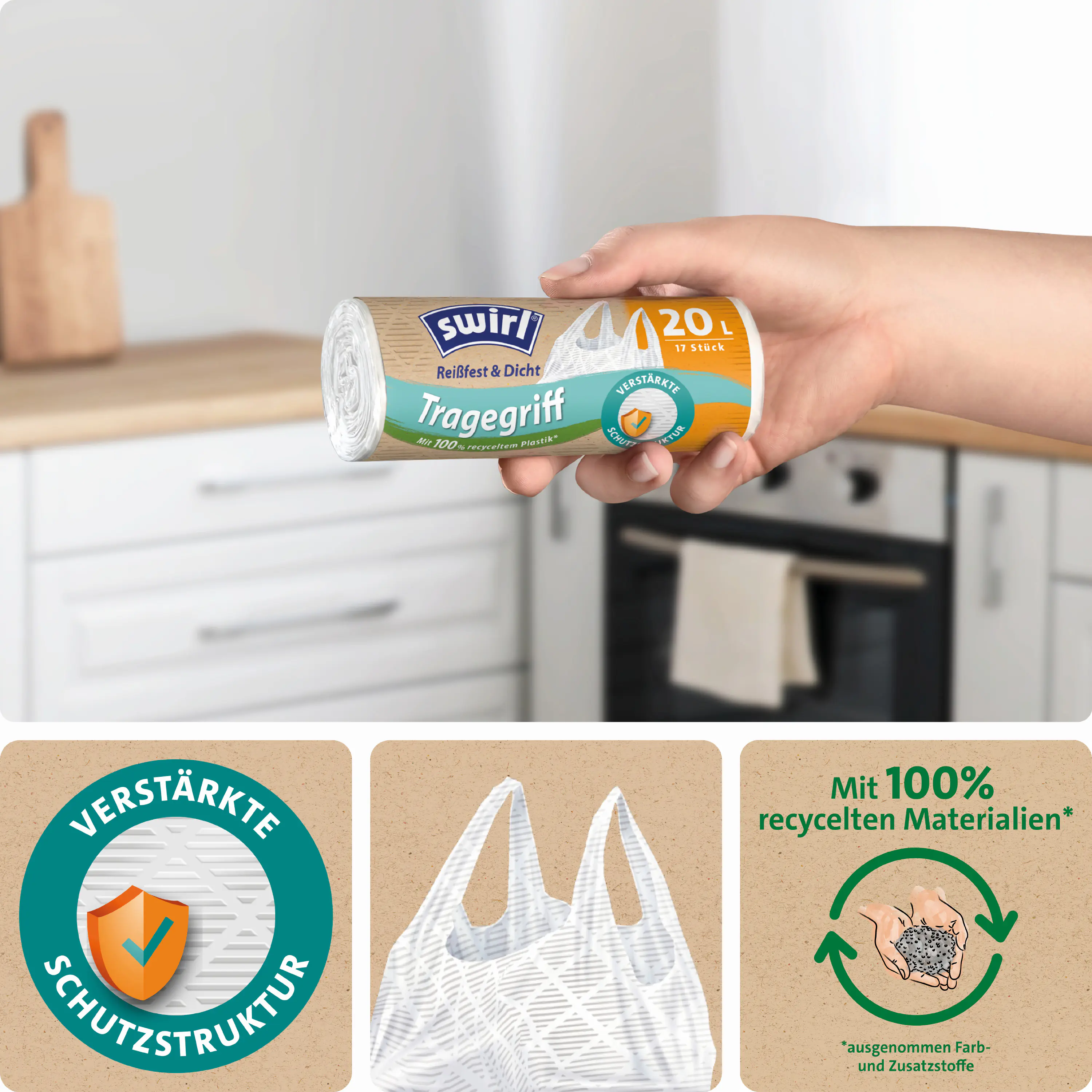 Swirl® Müllbeutel mit Tragegriff Reißfest & Dicht 20 L 17 Stück