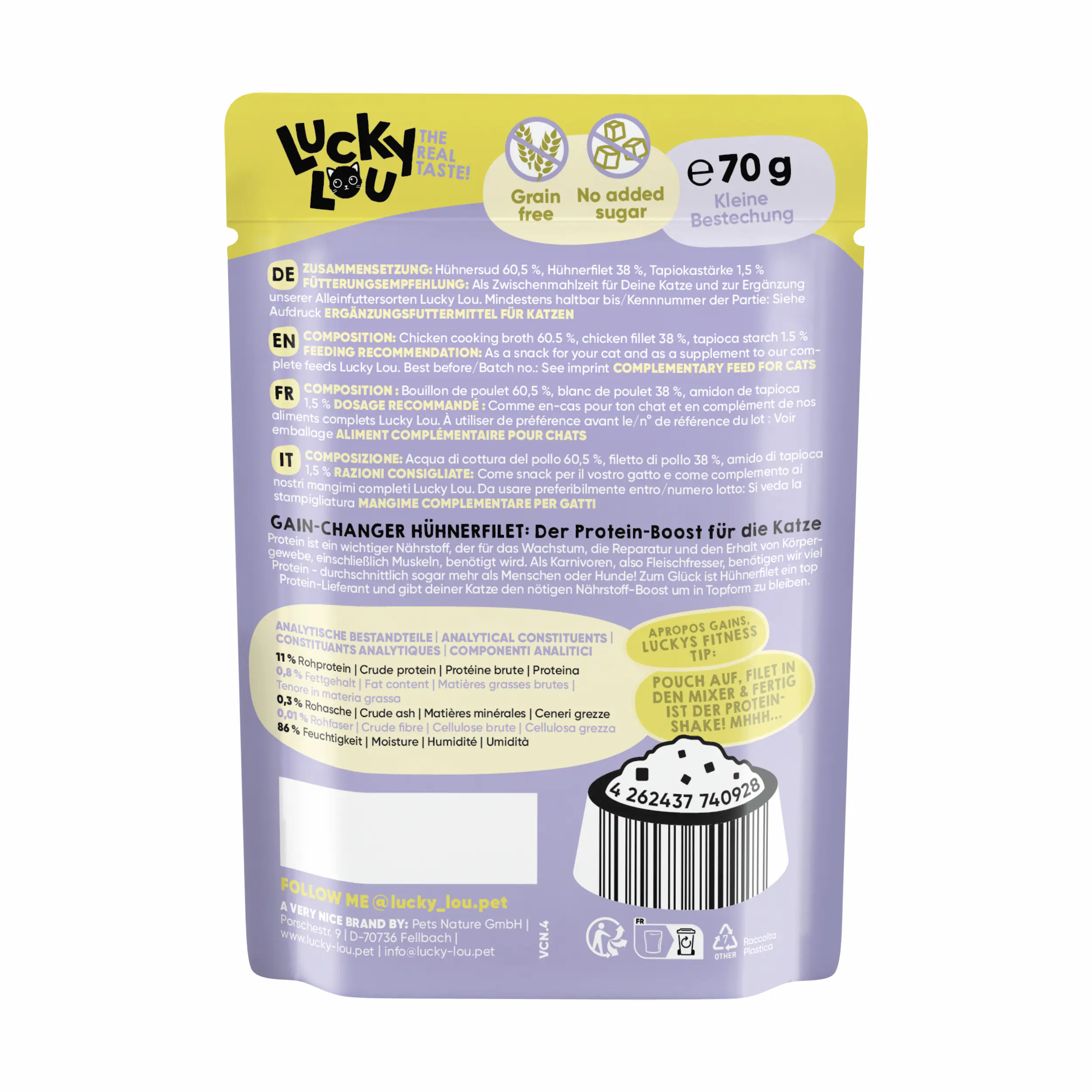 Lucky Lou Extrafood Katzennassfutter Adult getreidefrei 70 g Hühnerfilet in Sud