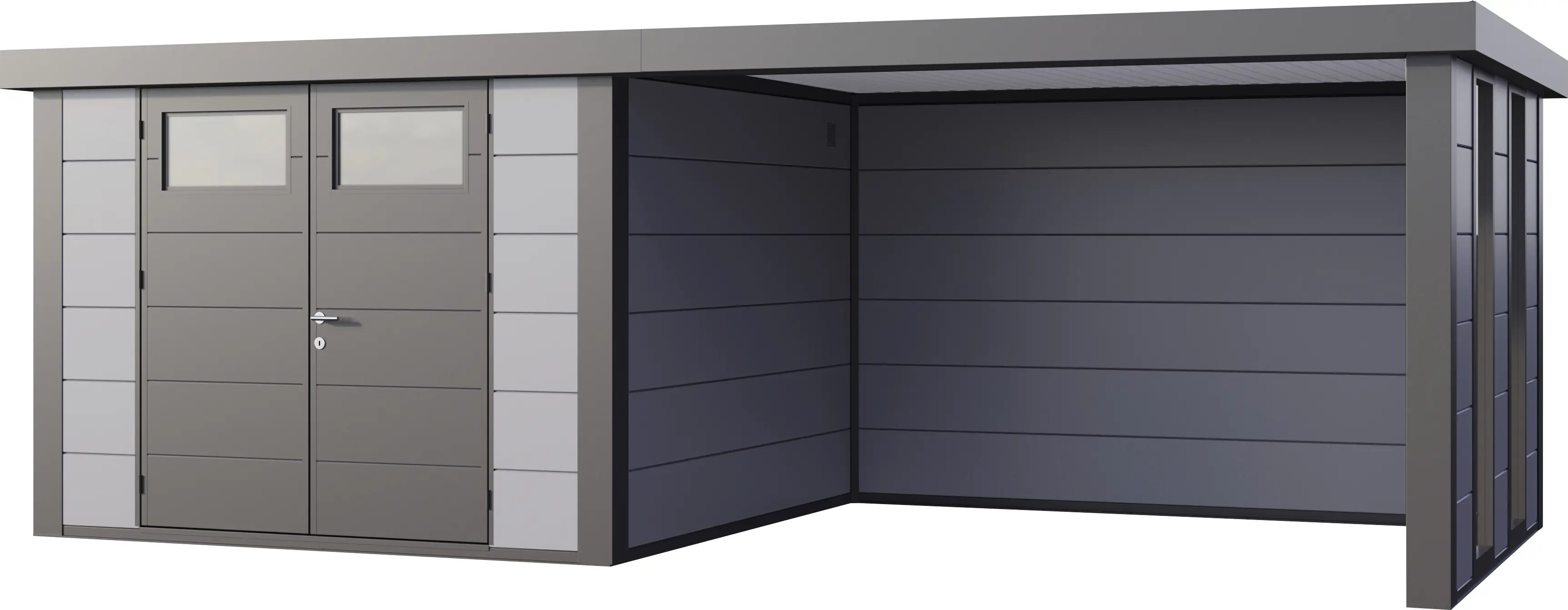 Telluria Gerätehaus Classico Lounge L mit Fenstern 3030 rechts lichtgrau 642 x 298 cm