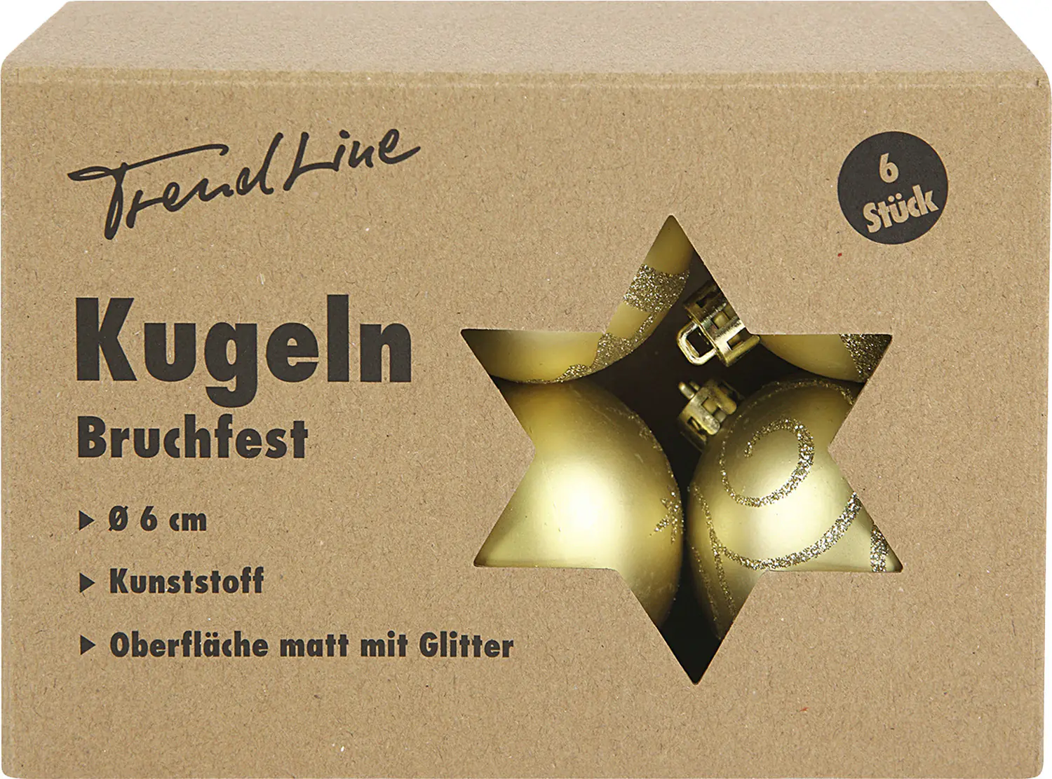 TrendLine Weihnachtskugeln bruchfest, langlebig Ø 6 cm gold mattiert 6 Stück