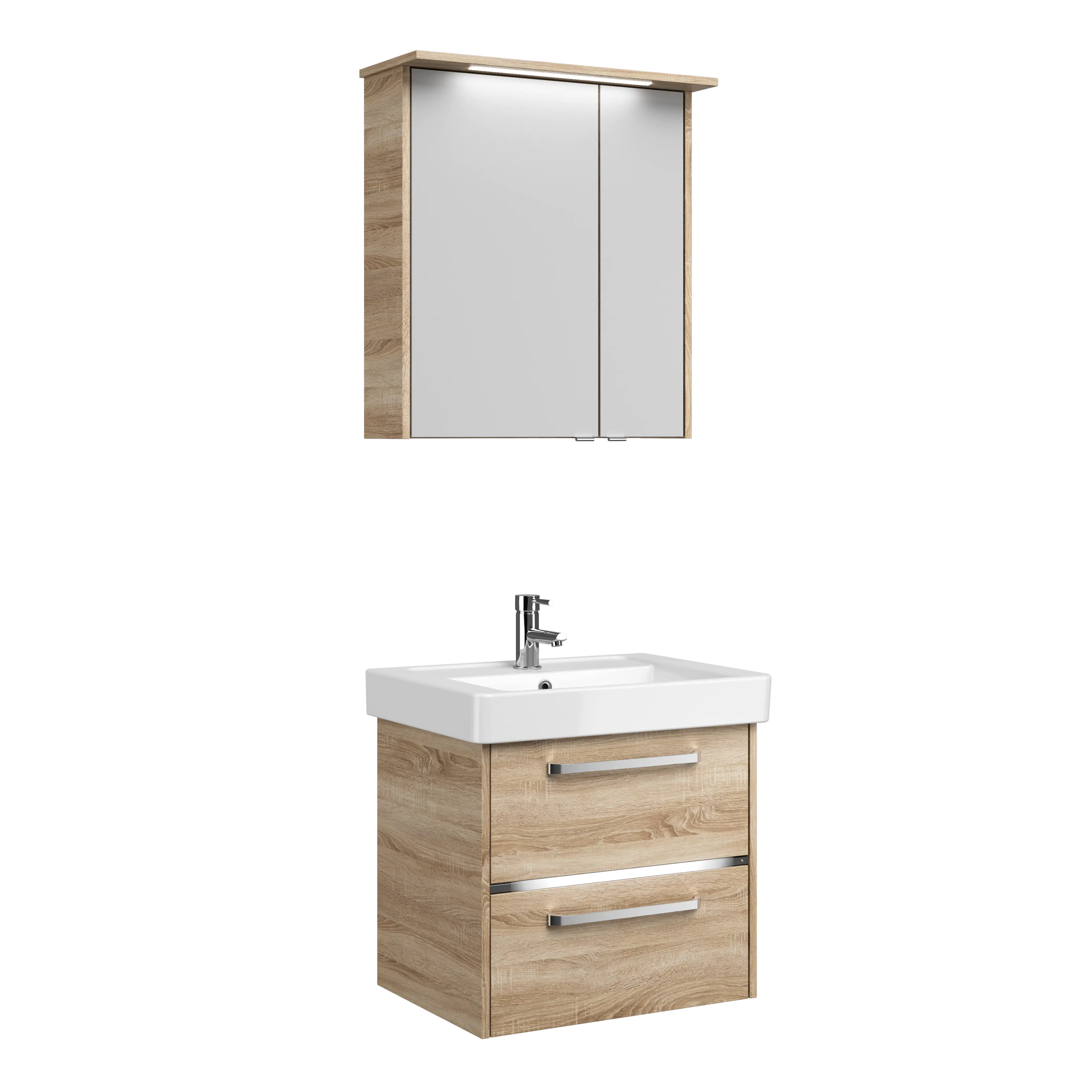 Primaster Badmöbelset Berlin eiche 65 cm Twin LED, Keramikwaschtisch