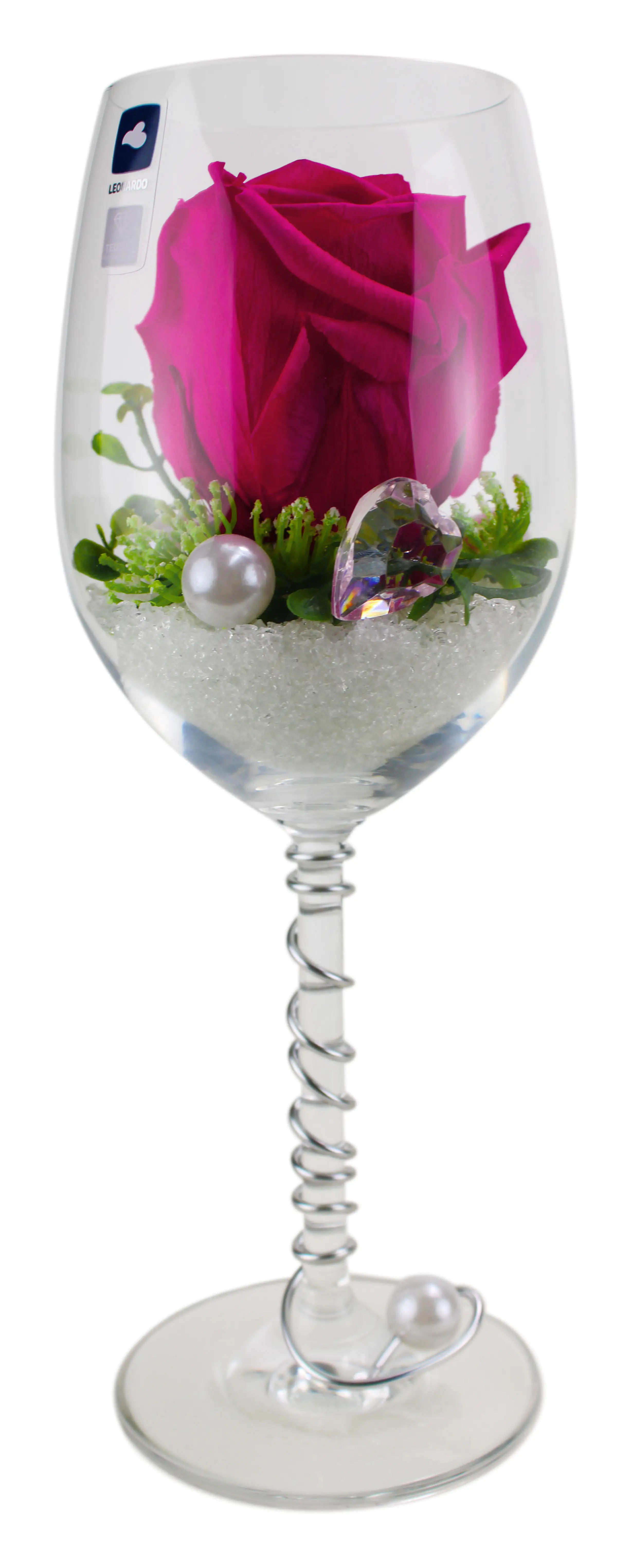 Arrangement Langzeitrose "Long Life", pink im Weinglas mit Deko