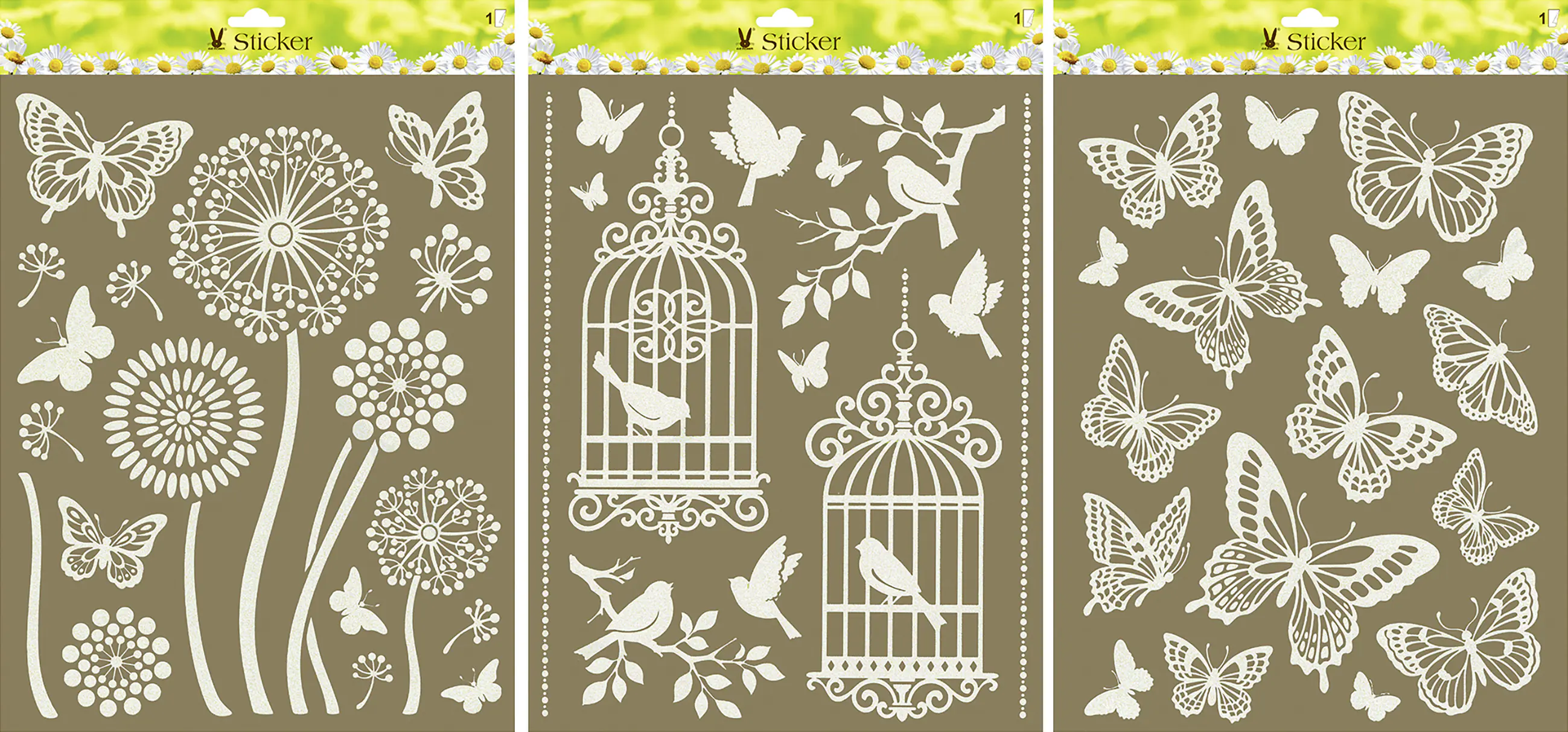 Dekosticker Glitzer Schmetterling Vogel Blumen weiß