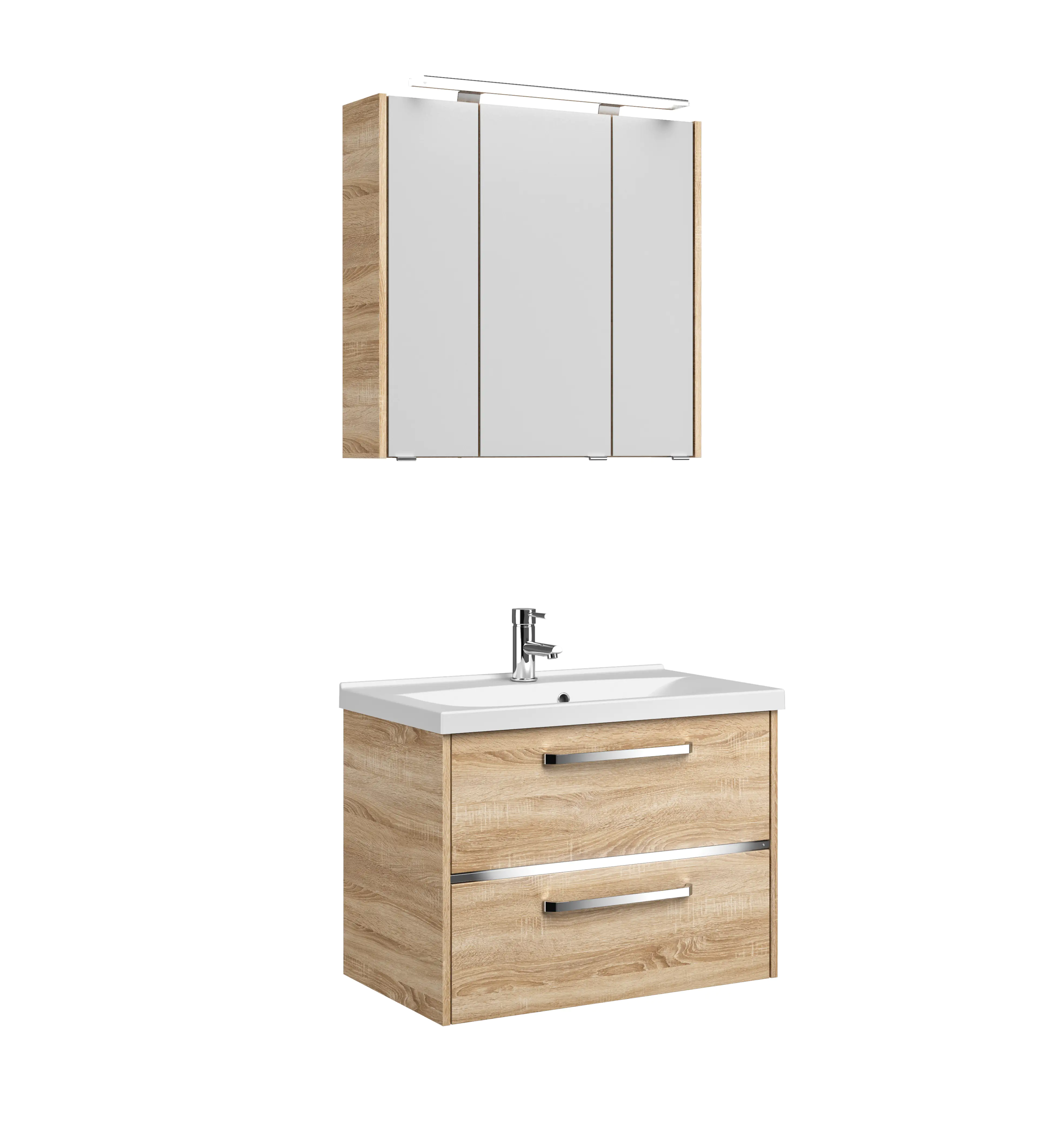 Primaster Badmöbelset Berlin eiche 77 cm LED-Leuchten, Mineralgusswaschtisch