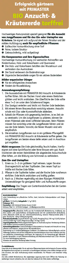 Primaster Bio Kräuter- & Anzucht Erde torffrei 16 L Primaster Bio Kräuter- & Anzucht Erde torffrei 16 L