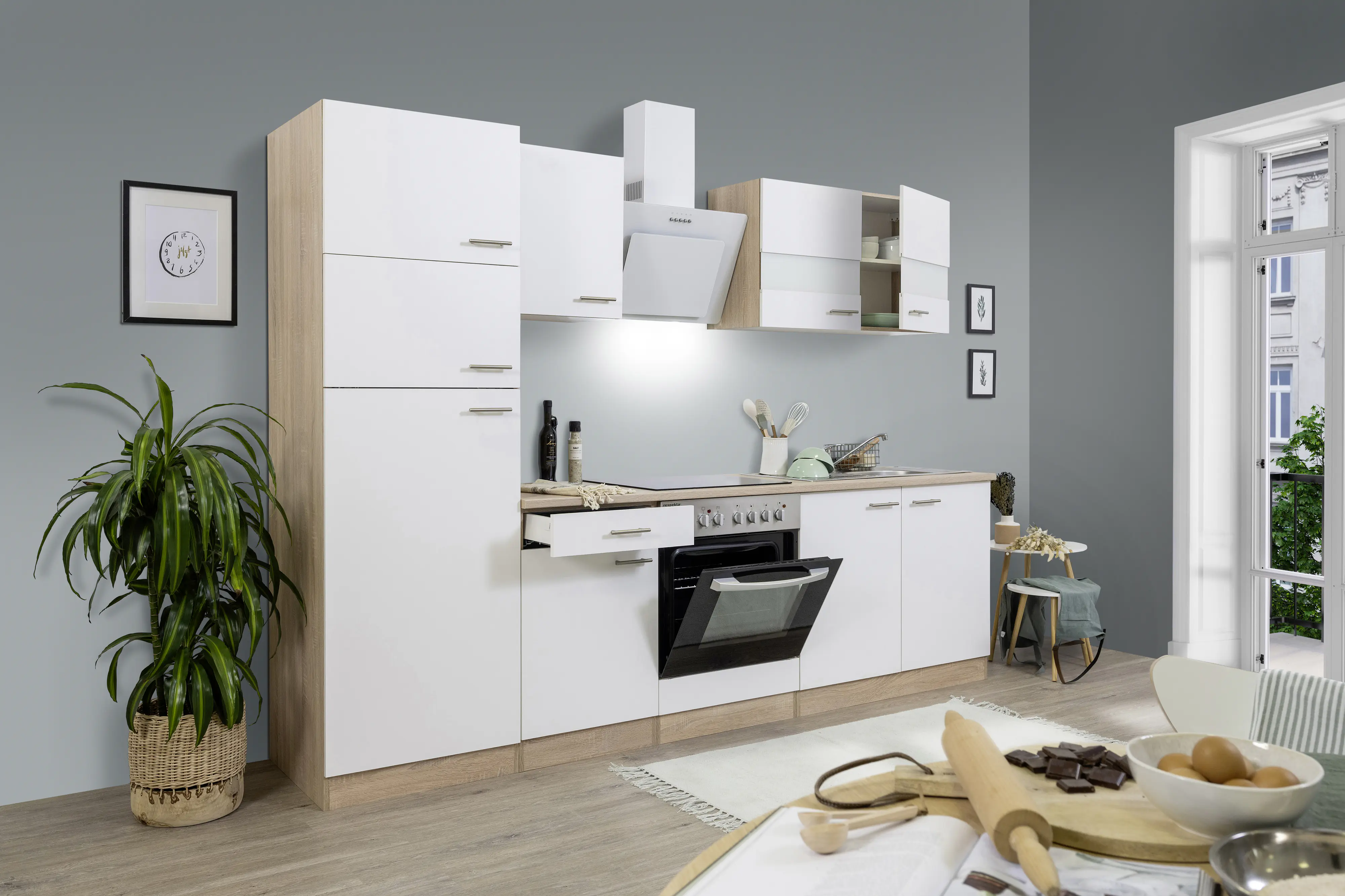 Respekta Economy Küchenblock 270 cm weiß, Eiche Sonoma, KB270ESWCGKE