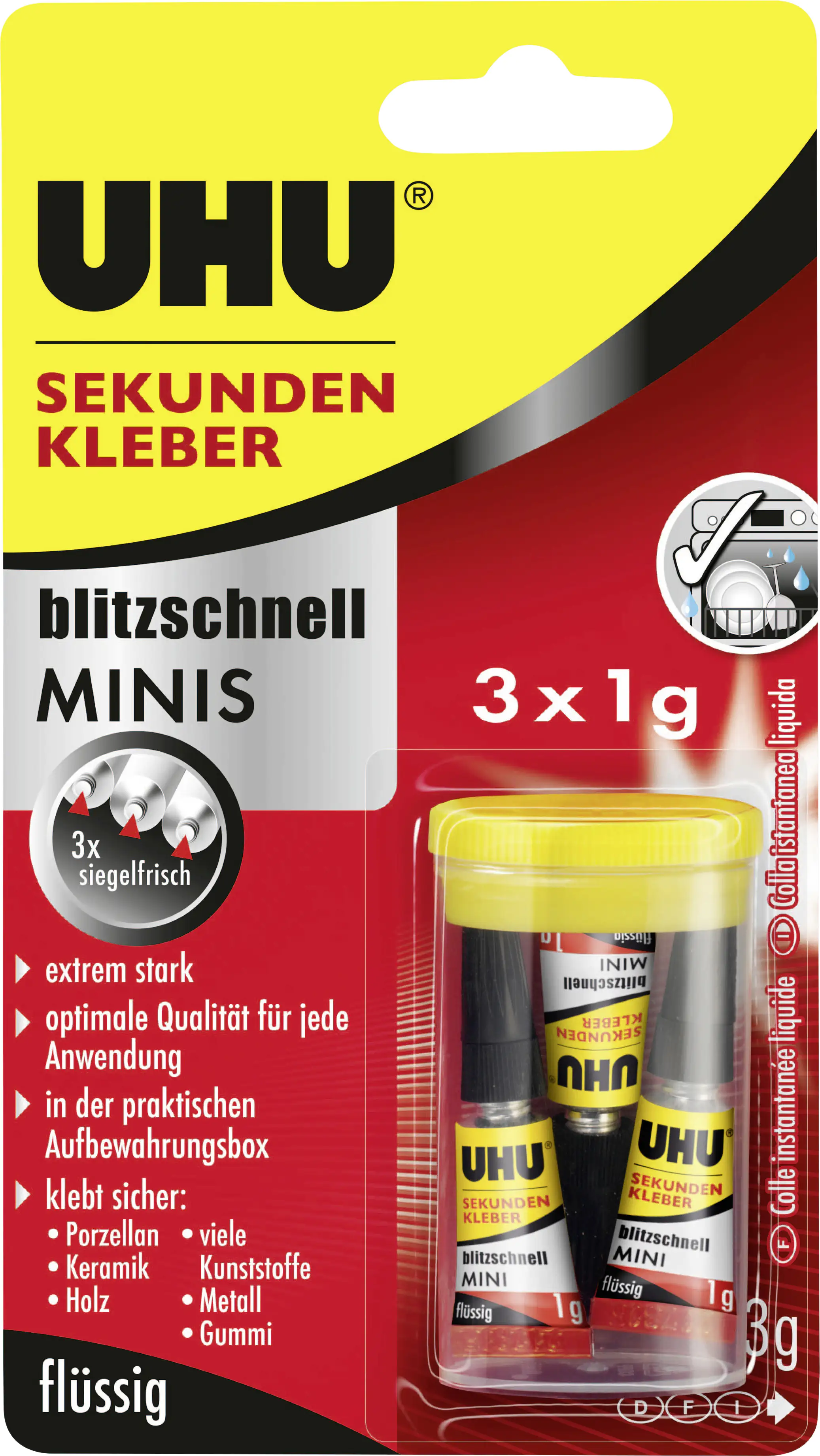 UHU Sekundenkleber blitzschnell Minis 3 g (3 x 1 g), flüssig, in der praktischen Box
