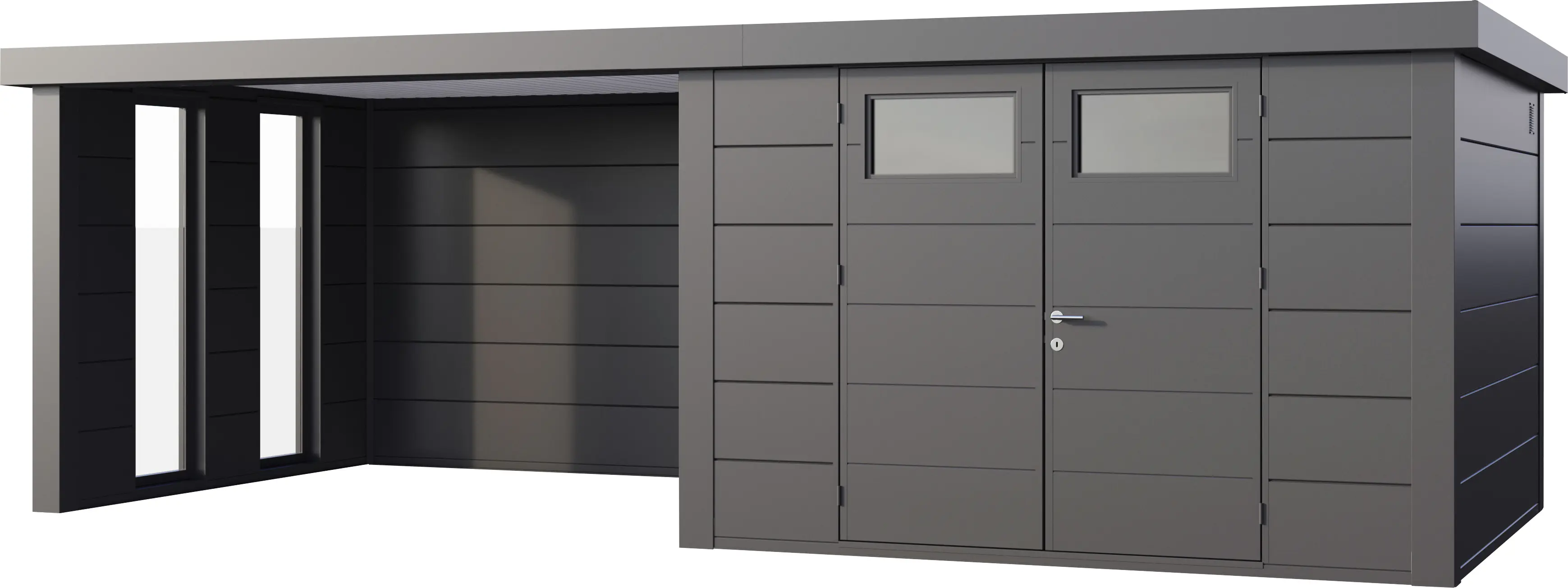 Telluria Gerätehaus Classico Lounge L mit Fenstern 3030 links granitgrau 642 x 298 cm