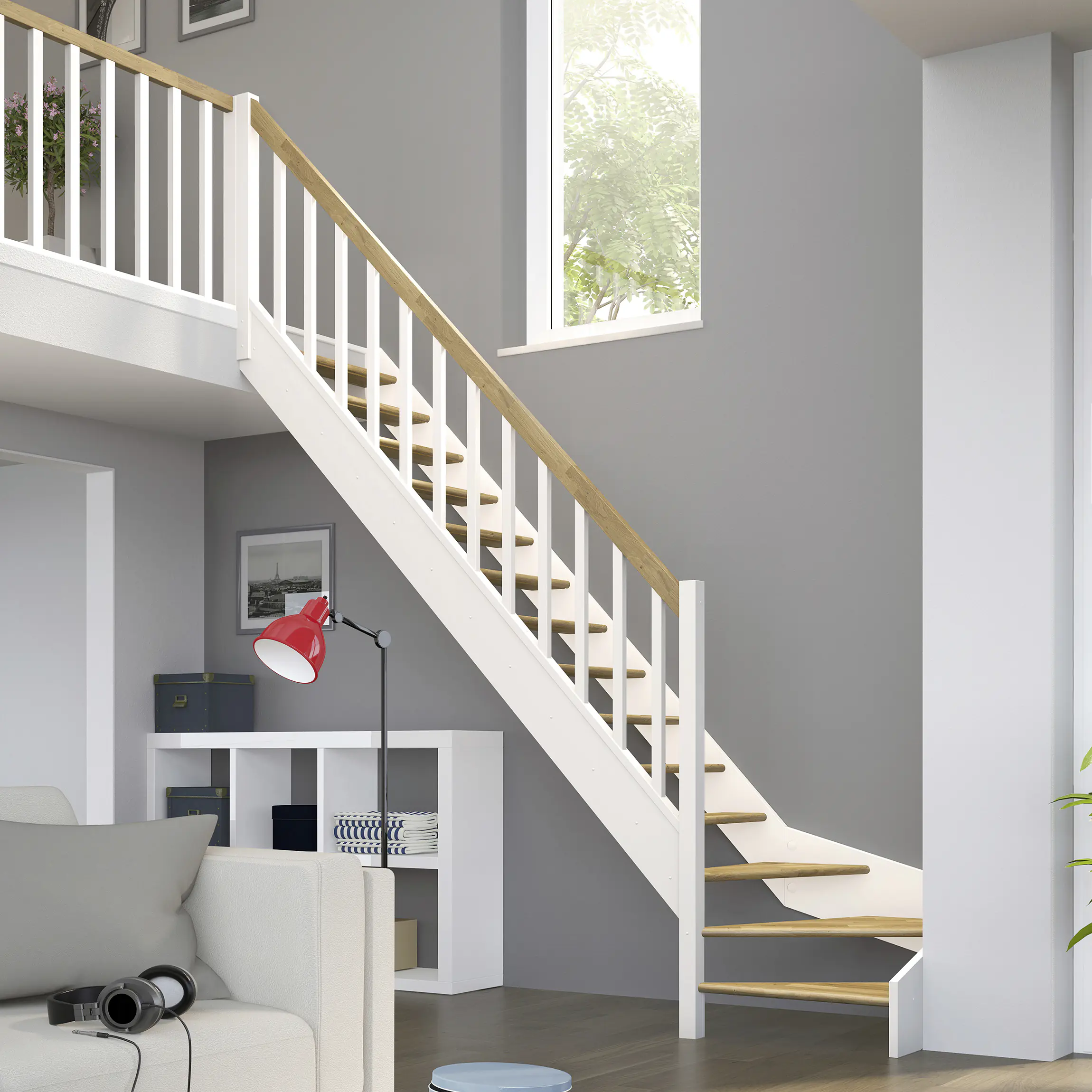 Dolle Raumspartreppen Paris 1/4-gew. Eiche weiß inkl. Geländer
