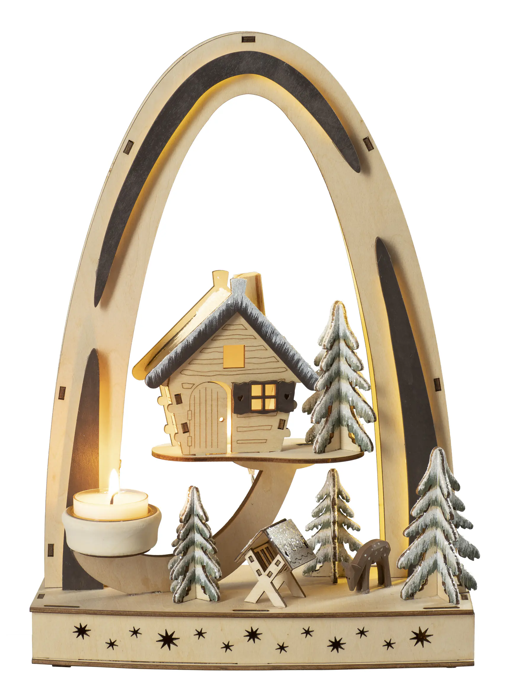 HGD Lichterbogen Waldhaus mit 1 Teelichthalter & Timer 23 x 33 cm warmweiß natur