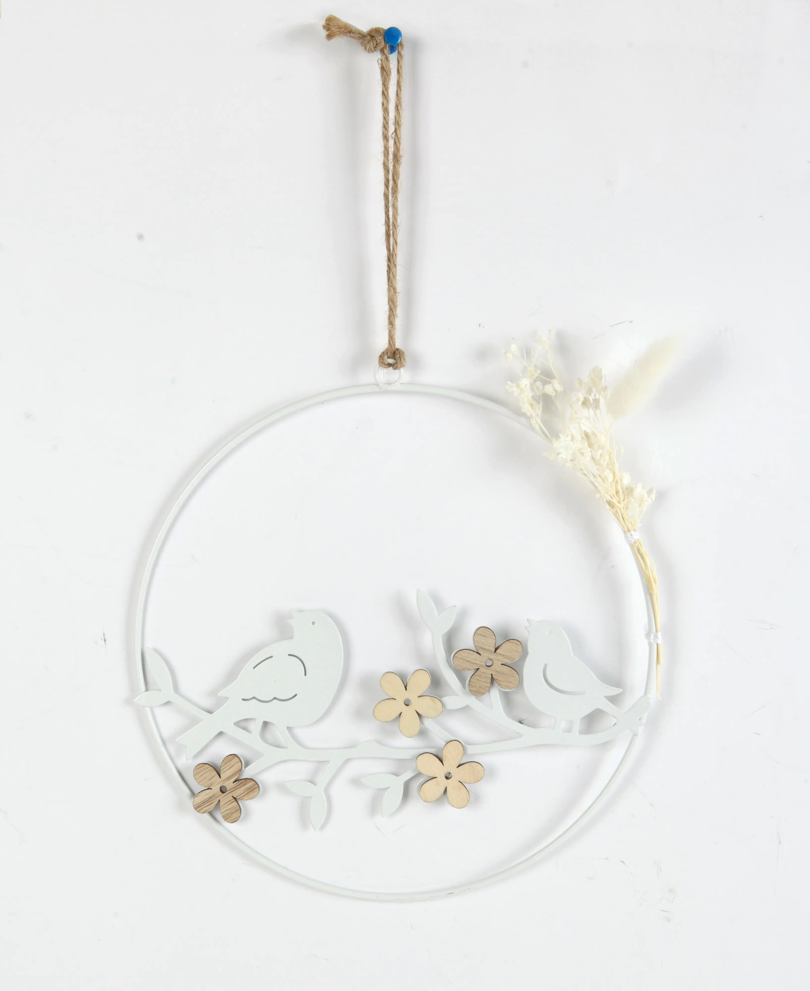 TrendLine Aufhänger Metall mit Niete Vögel und Blumen 23 cm weiß