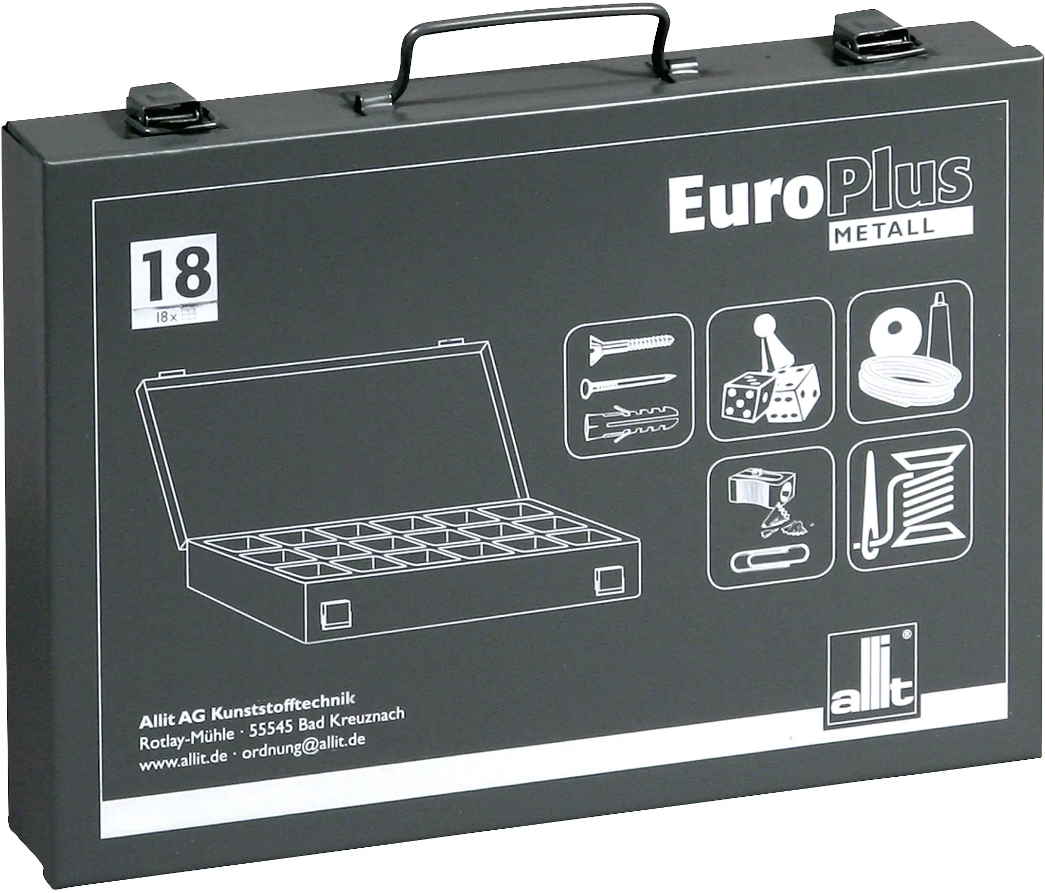 4005187541182_1073377 Allit Kleinteilekoffer EuroPlus Metall 34/18 grau ohne Inhalt, 18 Fächer