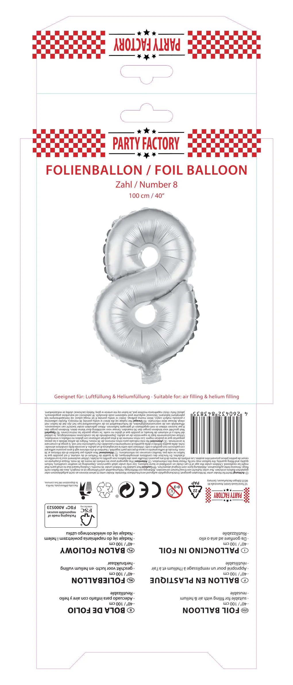 Folienballon Zahl 8 silber 100 cm Folienballon Zahl 8 silber 100 cm
