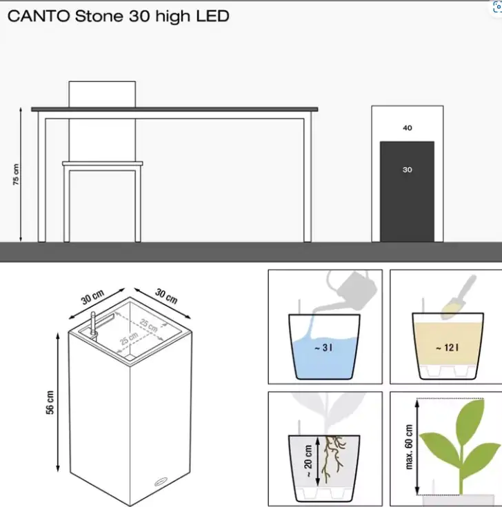 Lechuza Pflanzgefäß Canto Stone 30 high LED quarzweiß