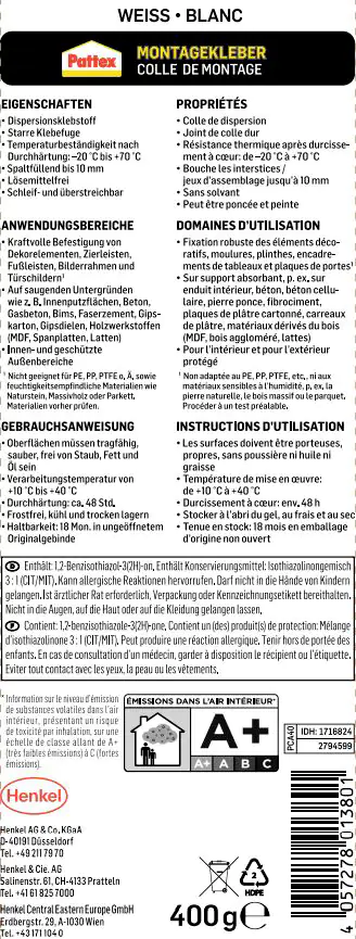 Pattex Montagekleber 400 g Kartusche, weiß