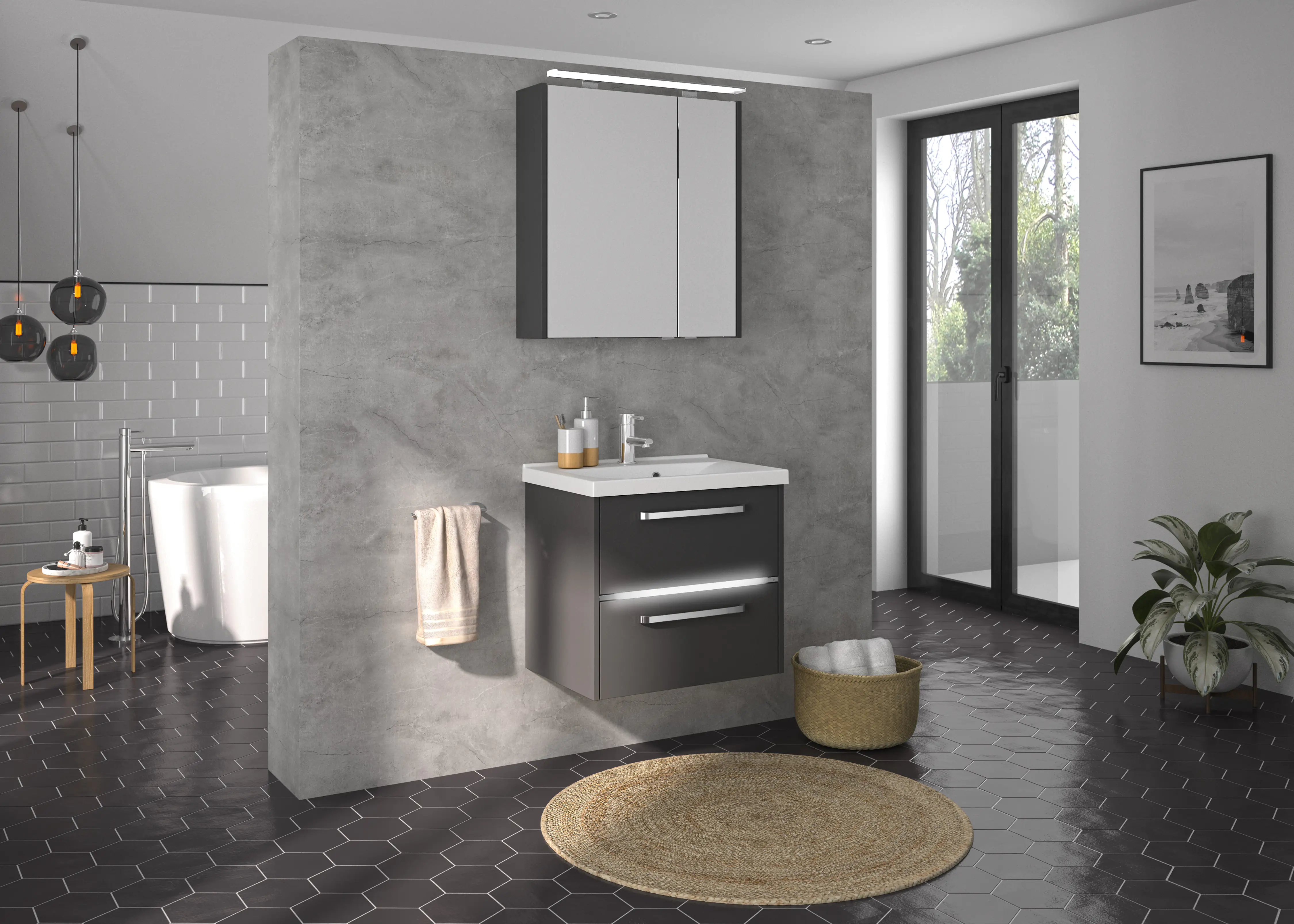 4017026154392 Primaster Badmöbel-Set Berlin grau 65 cm LED-Leuchten, Mineralgusswaschtisch