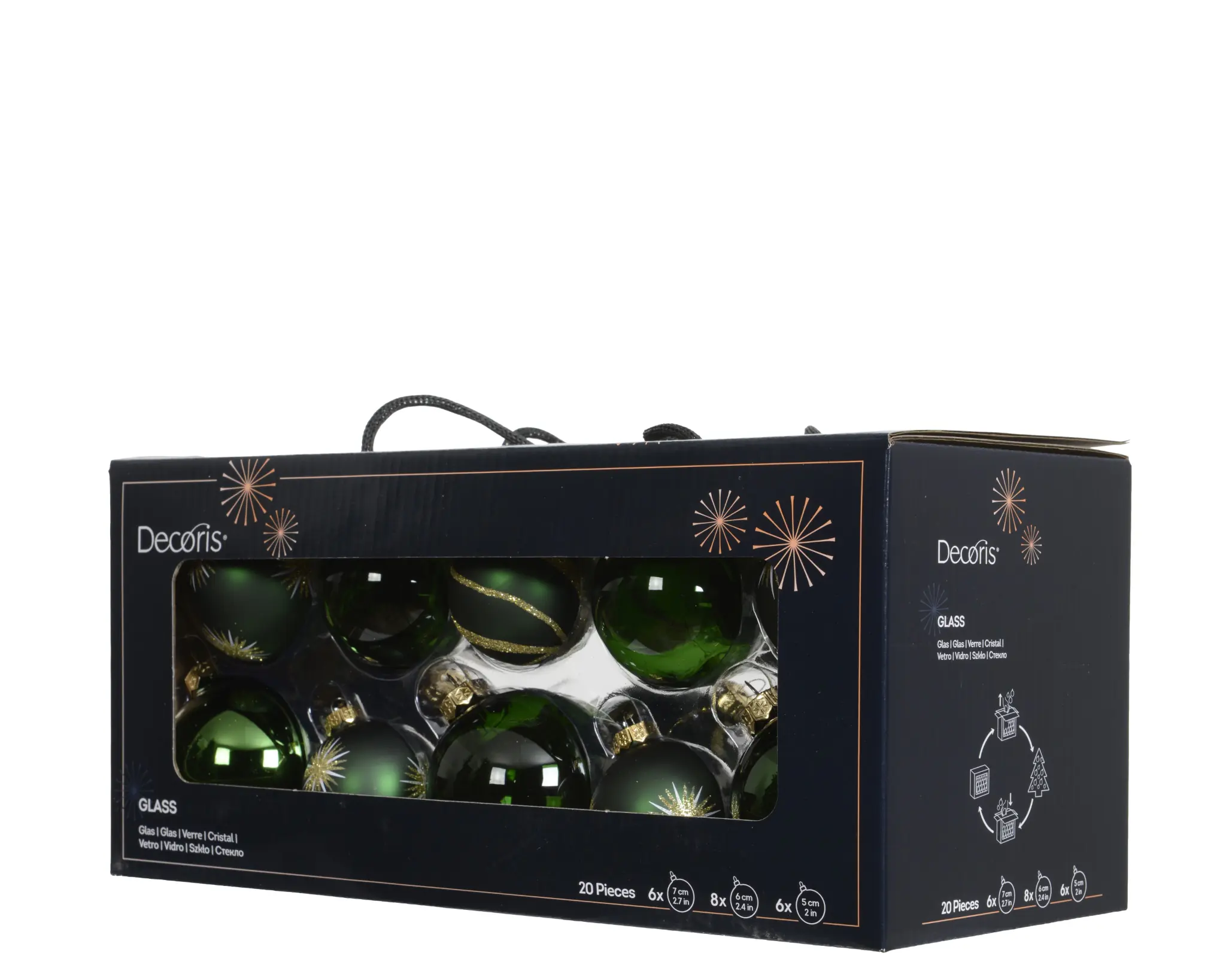 Decoris Weihnachtskugeln aus Glas Ø 5, 6, 7 cm piniengrün 20 Stück