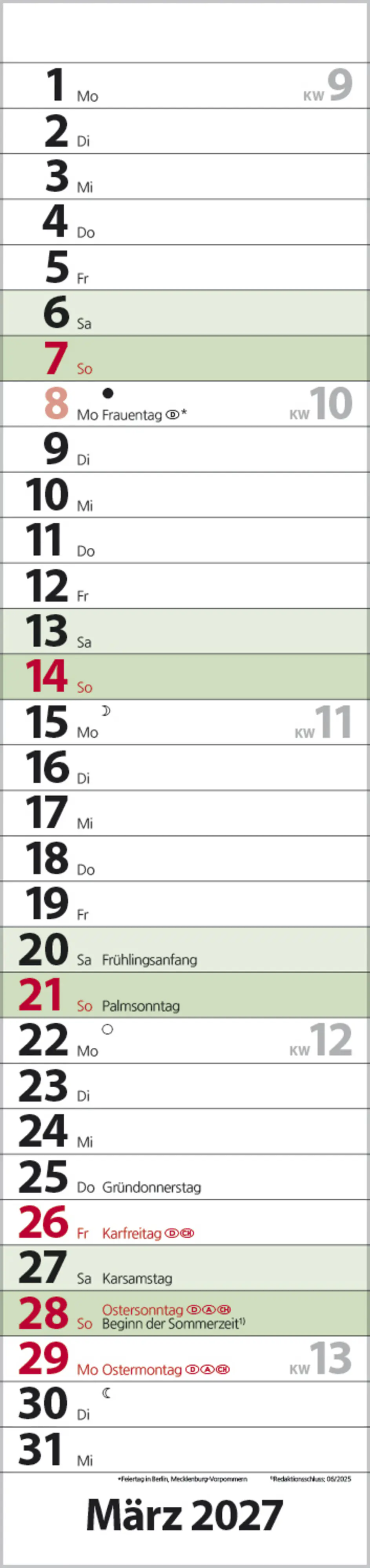 Korsch Kalender Streifenplaner Compact 2027 dunkelgrün 