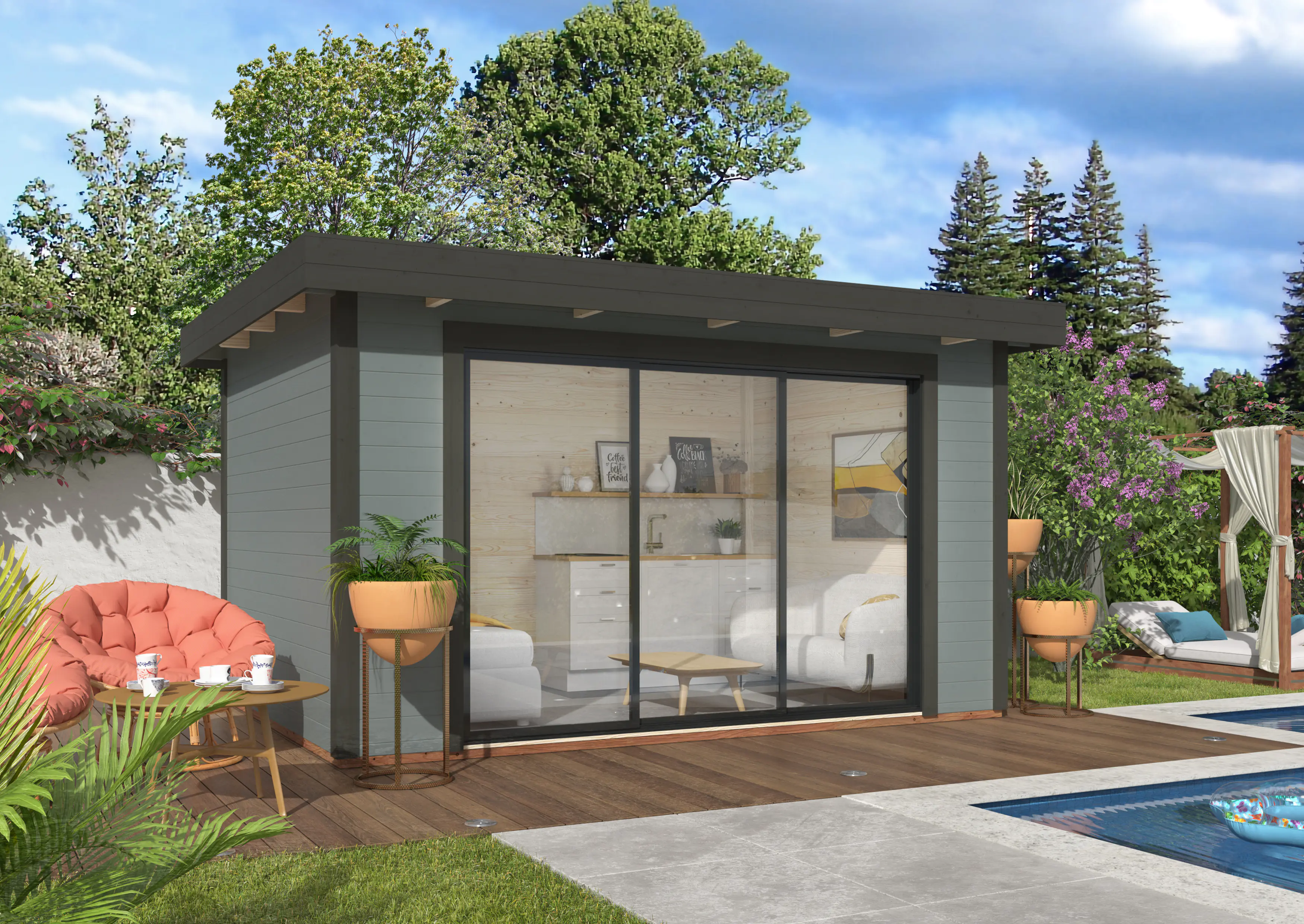 Palmako Gartenhaus Lydia 385 x 291 cm mit Glasschiebetüren grau lackiert