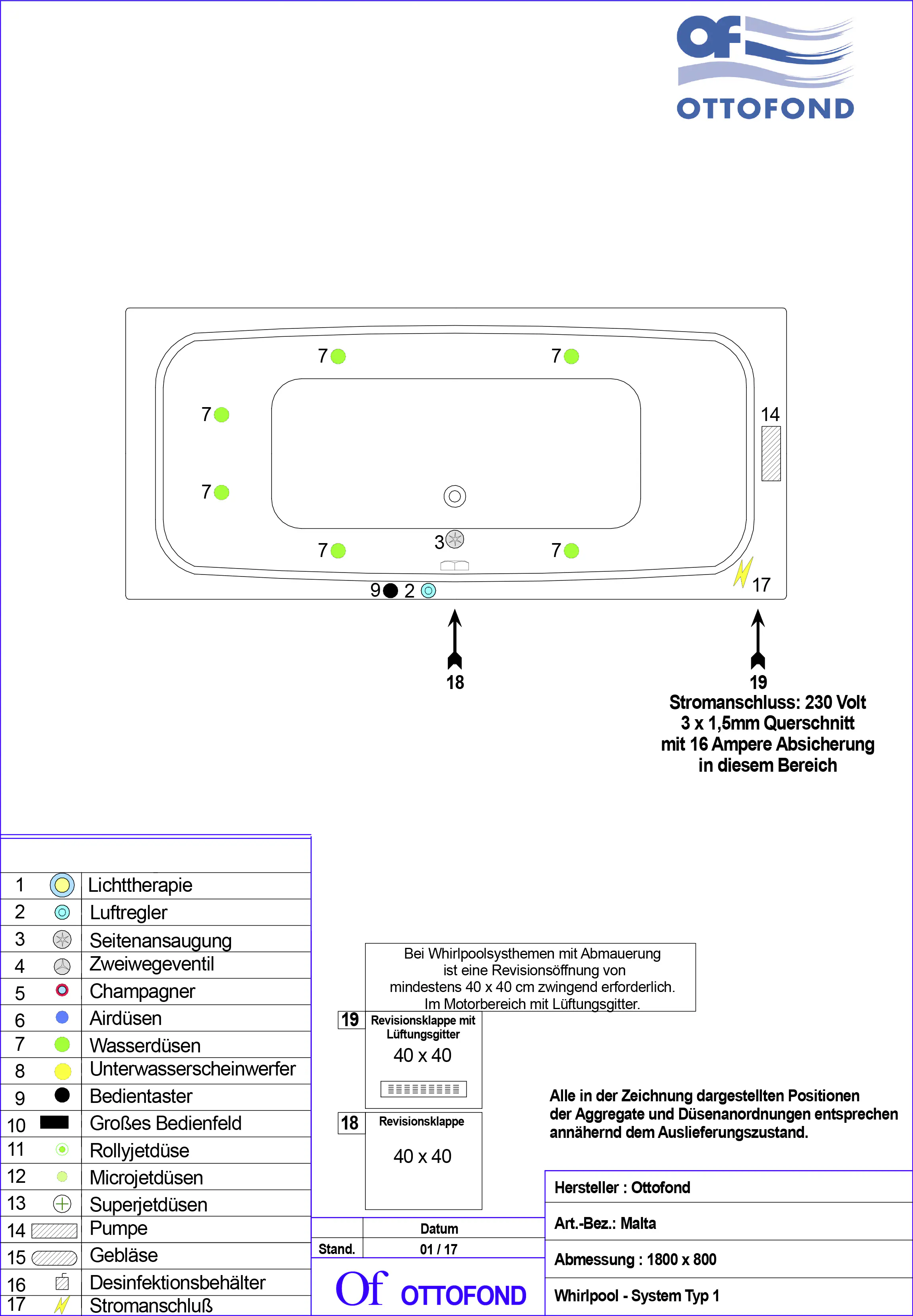 Ottofond Whirlpool-System Malta 180 cm, Typ 1