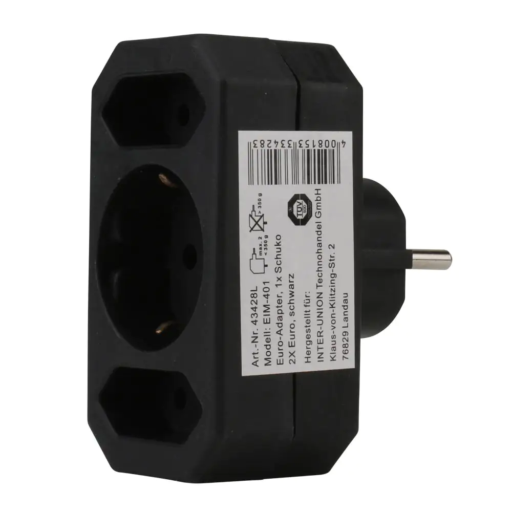 Schutzkontakt-Euroadapter 1xSchutzkontakt 2xEuro schwarz