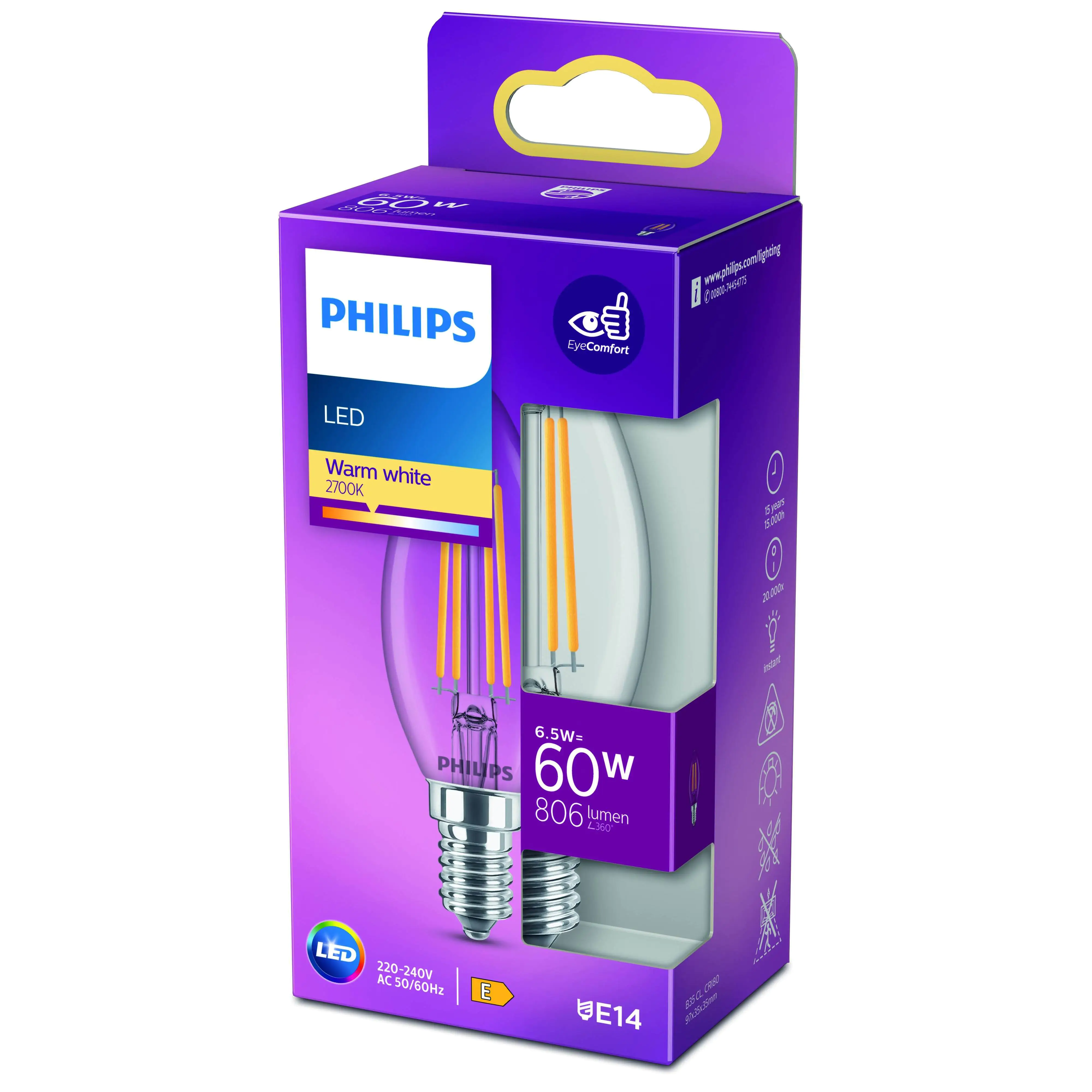 Philips LED-Leuchtmittel Filament Kerzenform B35 E14 6,5W warmweiß