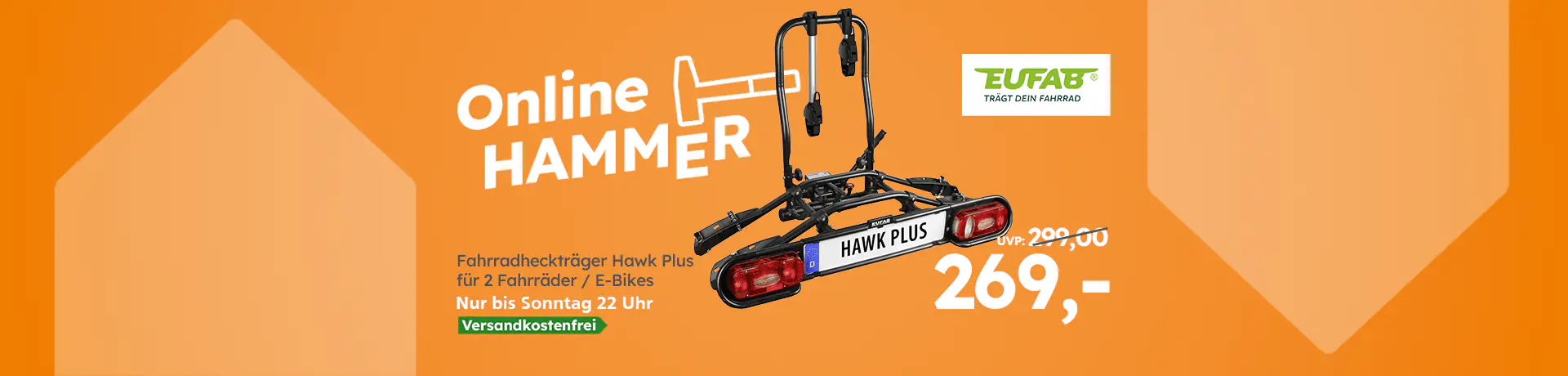 Online HAMMER: Eufab Hawk Plus Fahrradheckträger für 2 Fahrräder/E-Bikes, nur bis Sonntag 22 Uhr, versandkostenfrei, 269,-