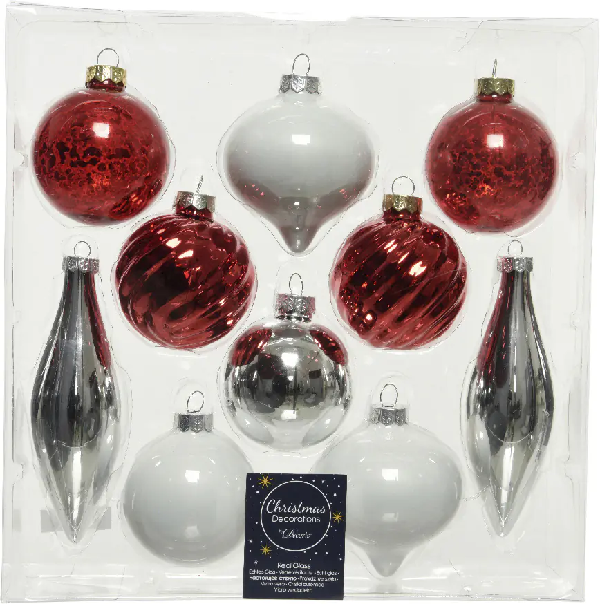Kaemingk Weinachtsbaumkugel Sortiment aus Glas rot weiß - 10 Stück