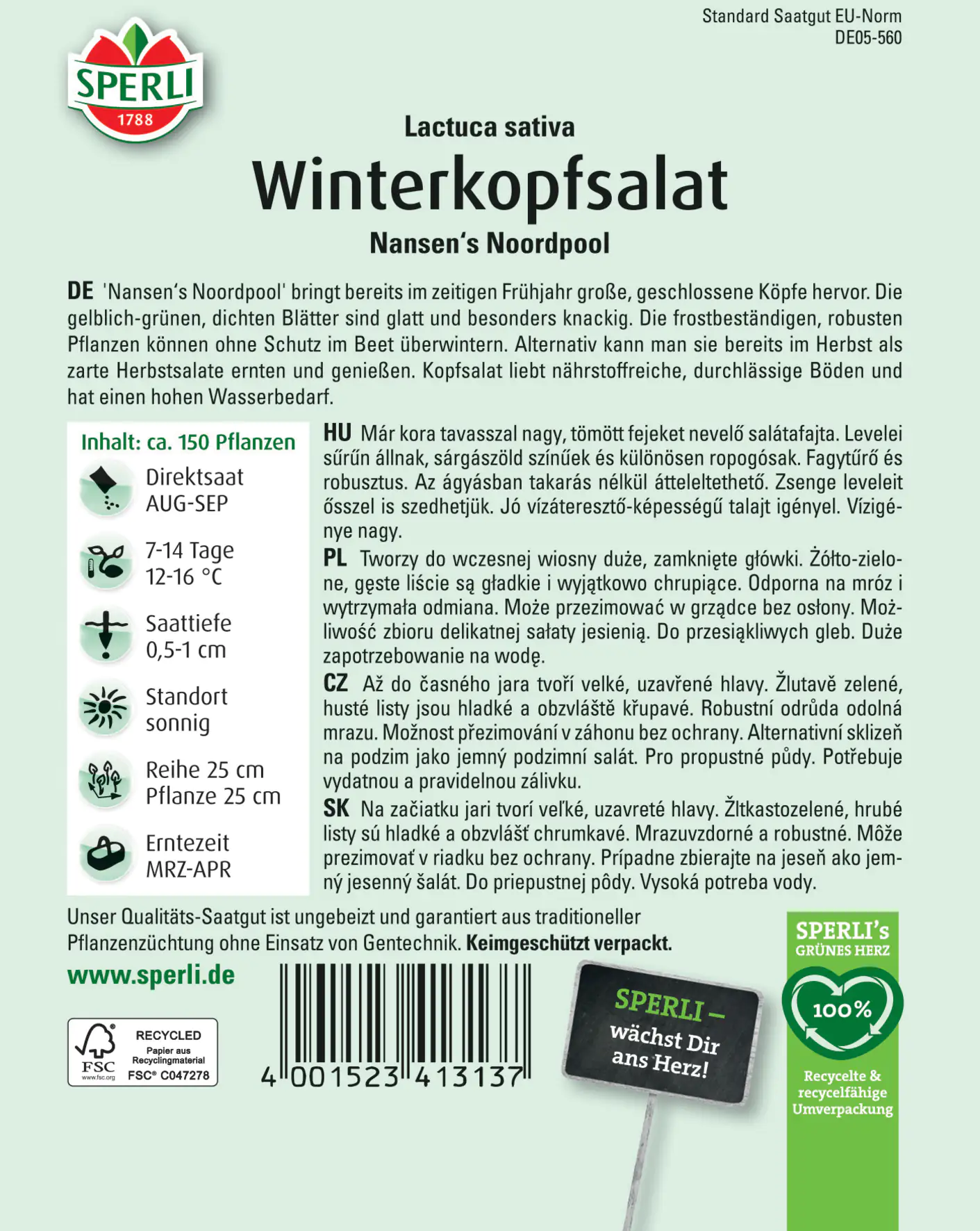 Sperli Winterkopfsalat Nansen's Noordpool Sperli Winterkopfsalat Nansen's Noordpool