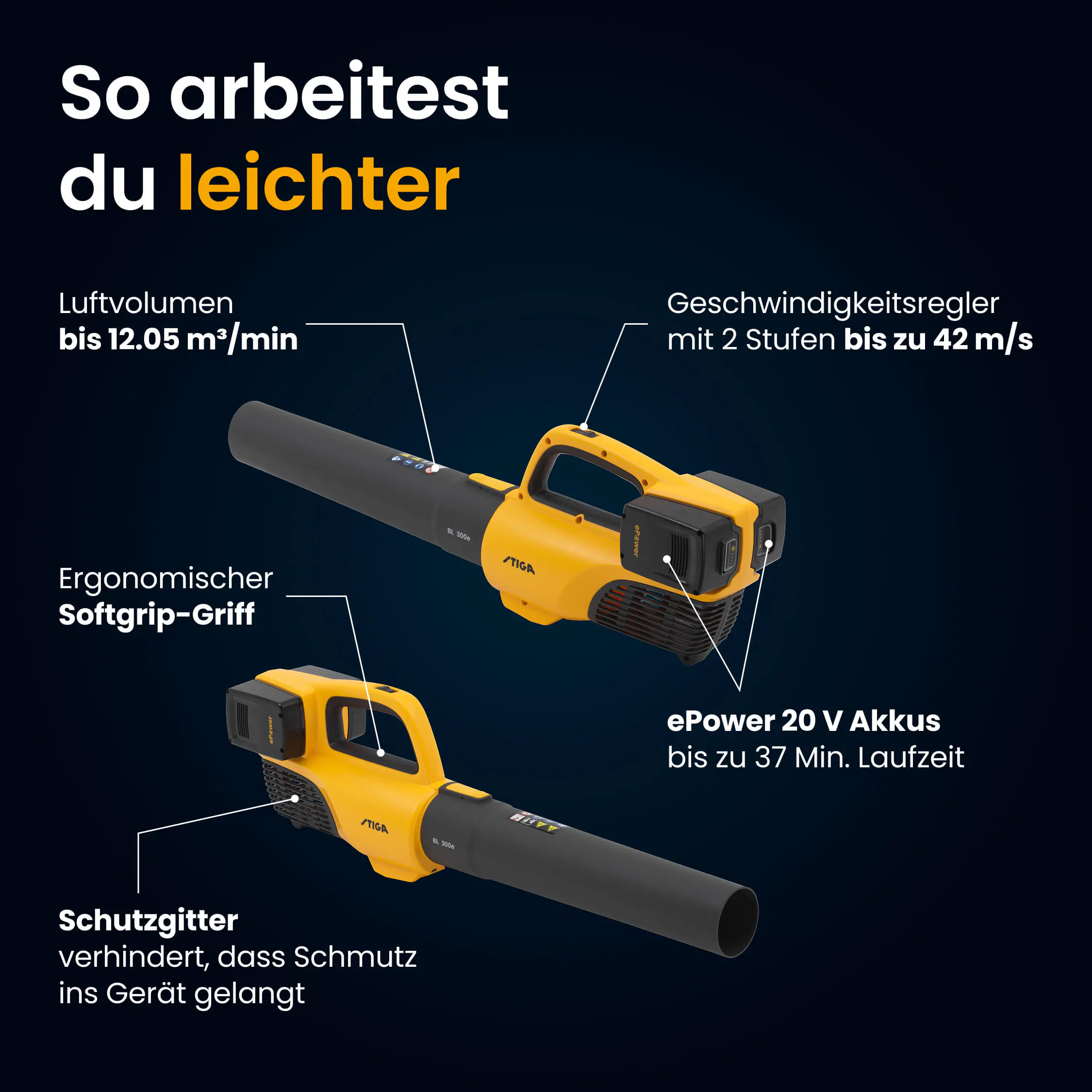 Stiga Akku-Laubbläser BL 300e Set inkl. Akkus und Ladegerät