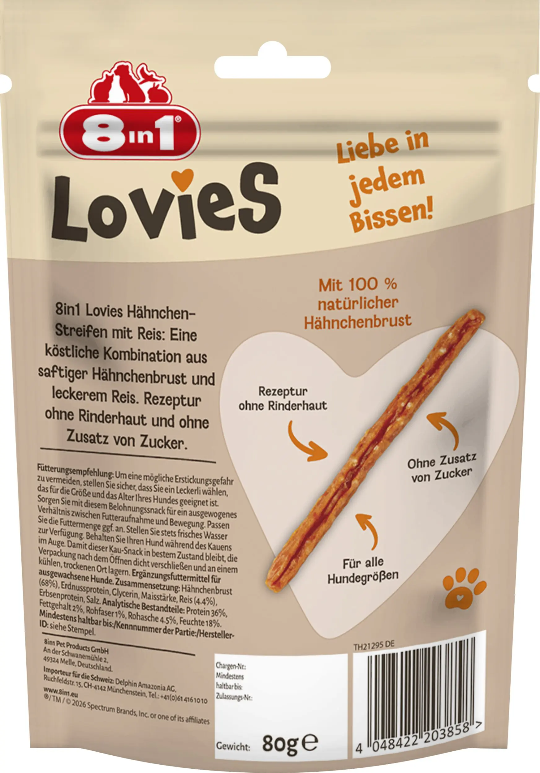 8in1 Hundeleckerli Lovies 80 g Hühnchen-Reis-Streifen 