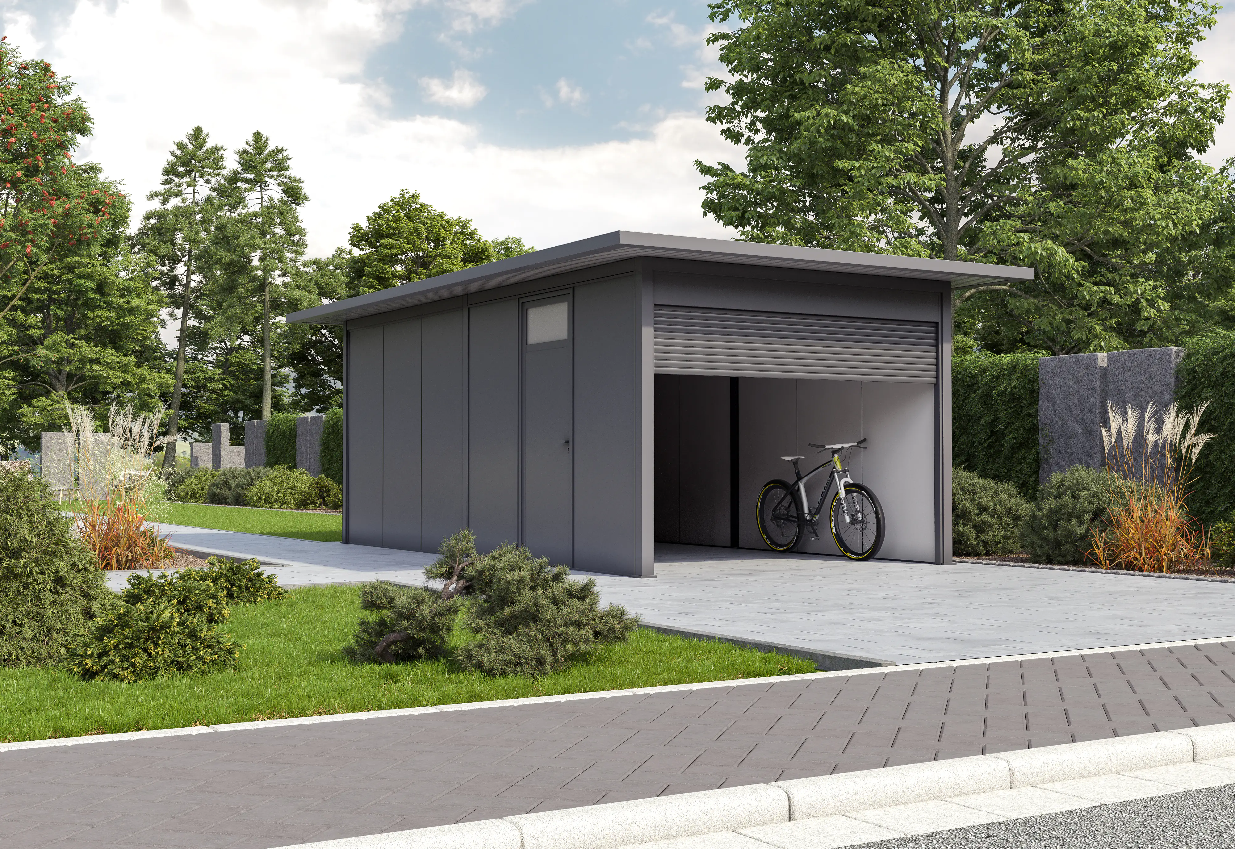 Fertiggarage Porto mit elektrischem Rolltor 405 x 720 cm inkl Dachüberstand