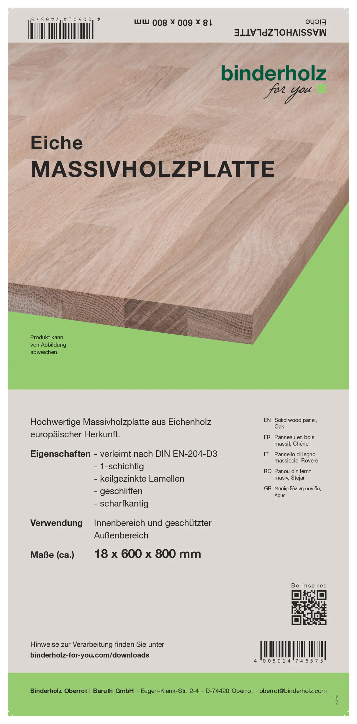 Massivholzplatte Eiche 80 x 60 cm 18 mm Oberfläche geschliffen
