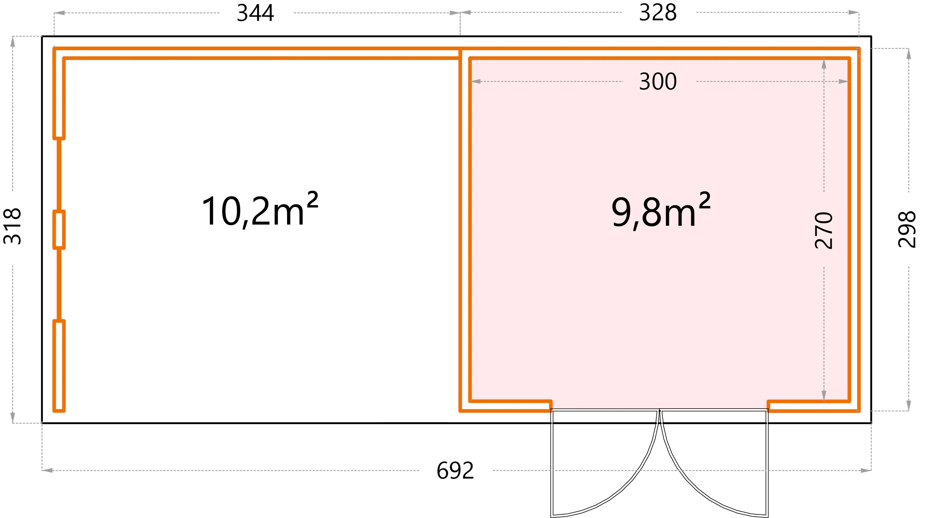 Telluria Gerätehaus Classico Lounge L mit Fenstern 3330 links EW weiß 672 x 298 cm