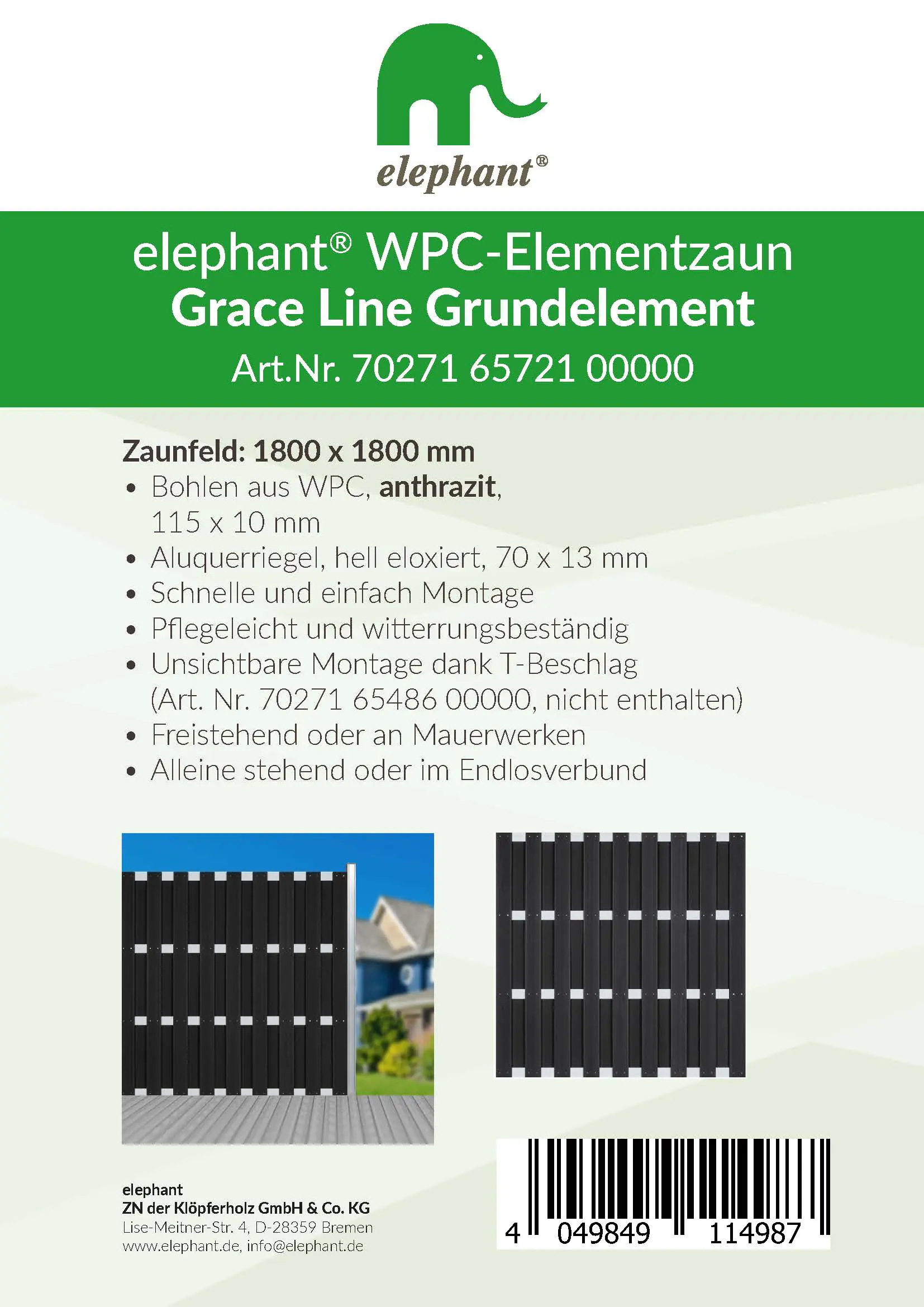 elephant WPC-Sichtschutzzaun Grace Line Grundelement anthrazit 180 x 180 cm
